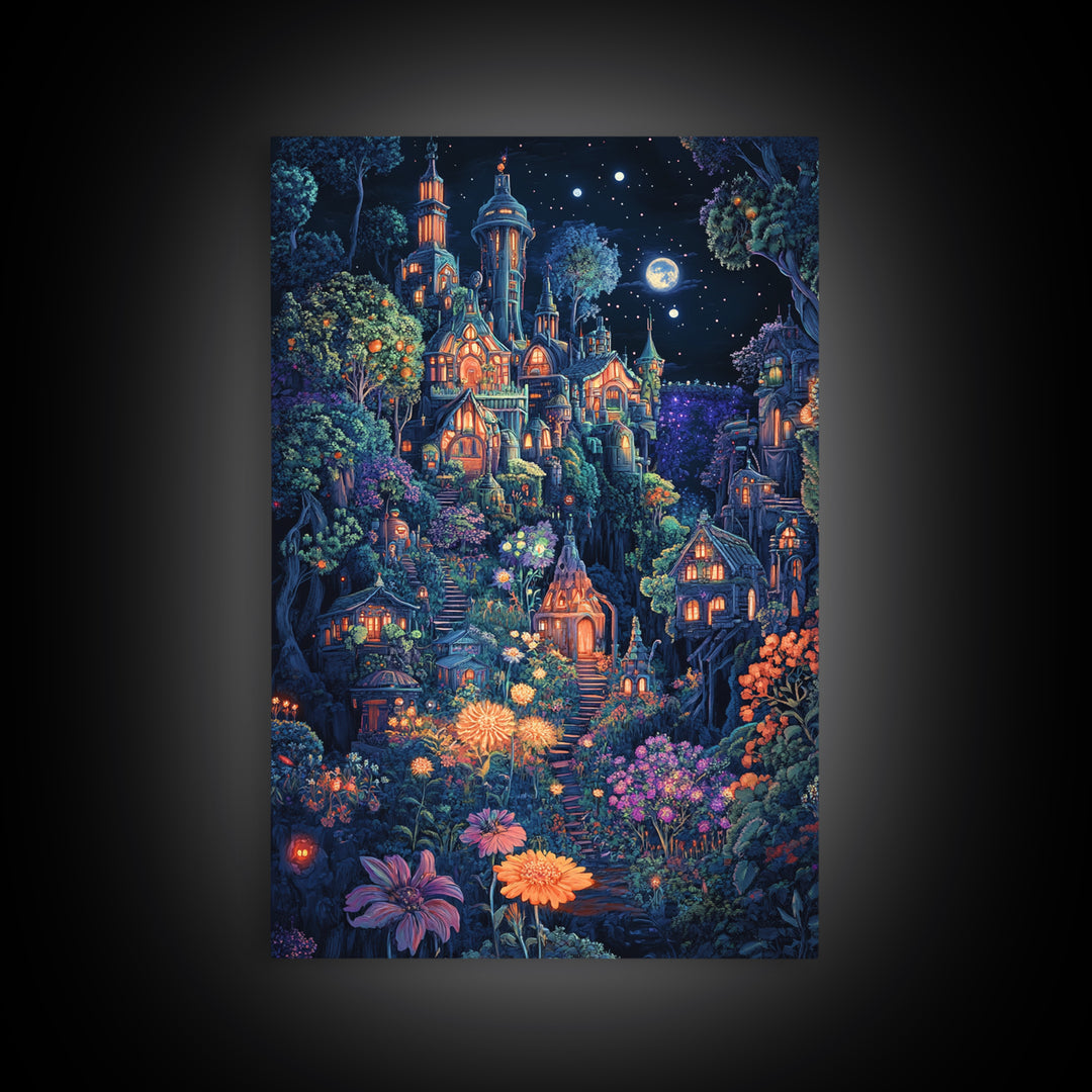 Moonlit Magical Garden Village Wall Art, Whimsical Fantasy Castle Canvas Print, Dark Botanical Decor, Maximalist Room Art