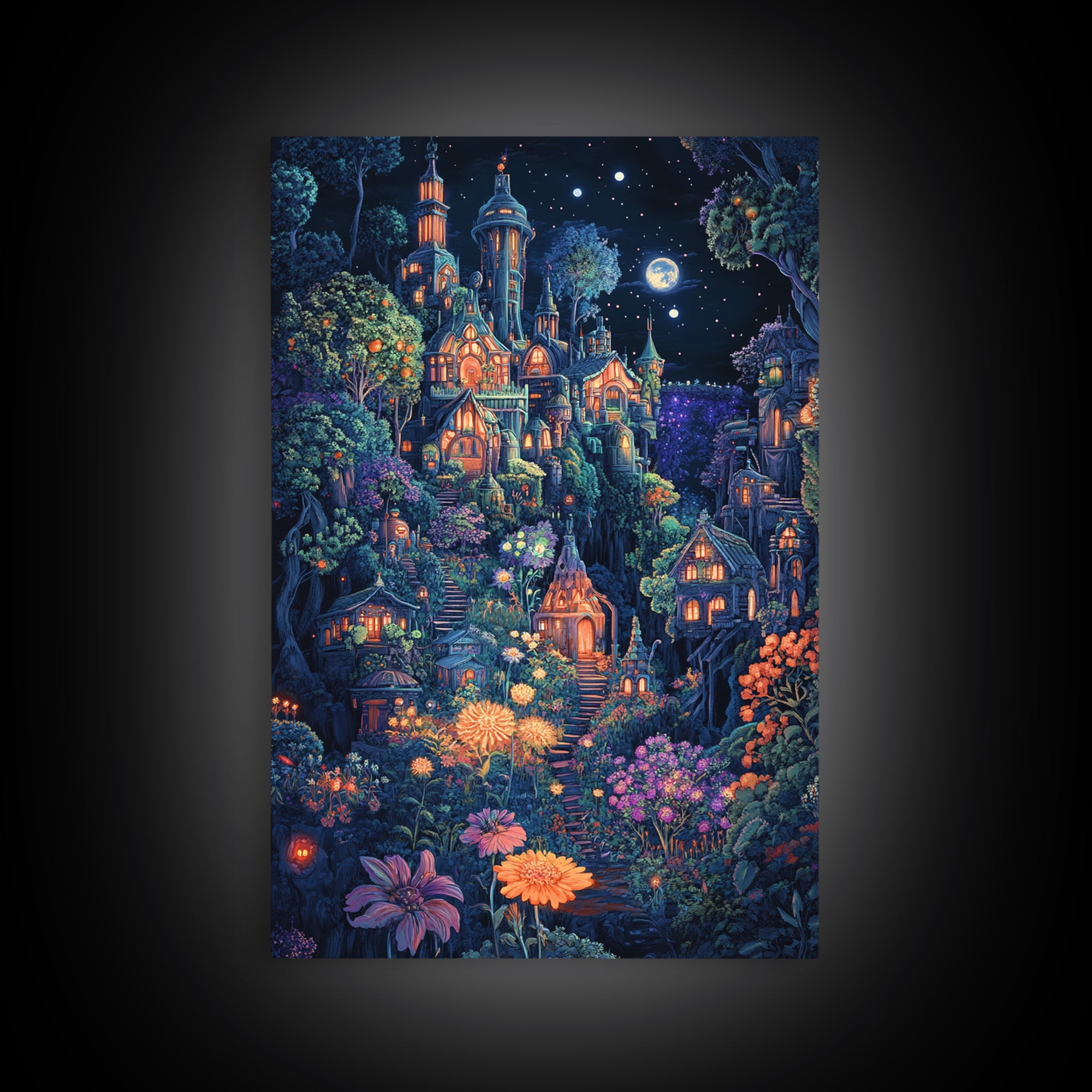 Moonlit Magical Garden Village Wall Art, Whimsical Fantasy Castle Canvas Print, Dark Botanical Decor, Maximalist Room Art