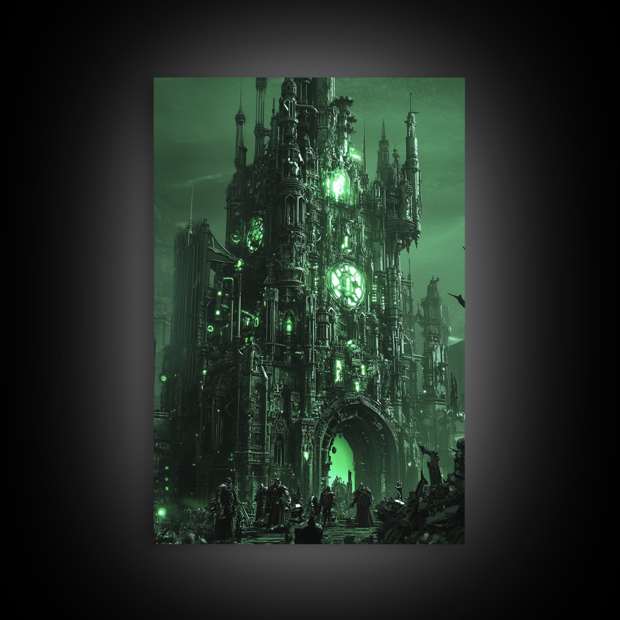Emerald Gothic Citadel Framed Canvas Print, Dark Fantasy Wall Art, Green Castle Decor, Moody Office Art, Gothic Home Decor