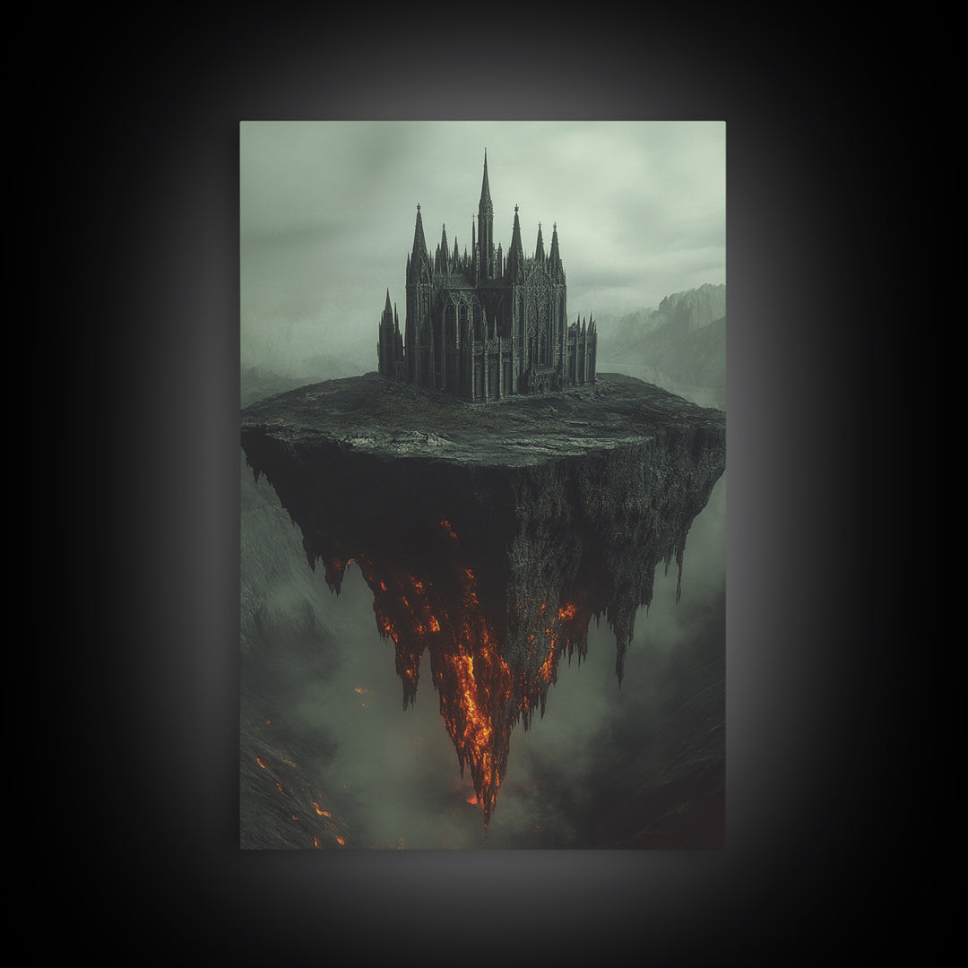 Floating Gothic Cathedral Wall Art, Dark Fantasy Canvas Print, Surreal Castle Decor, Moody Statement Artwork, Office Decor