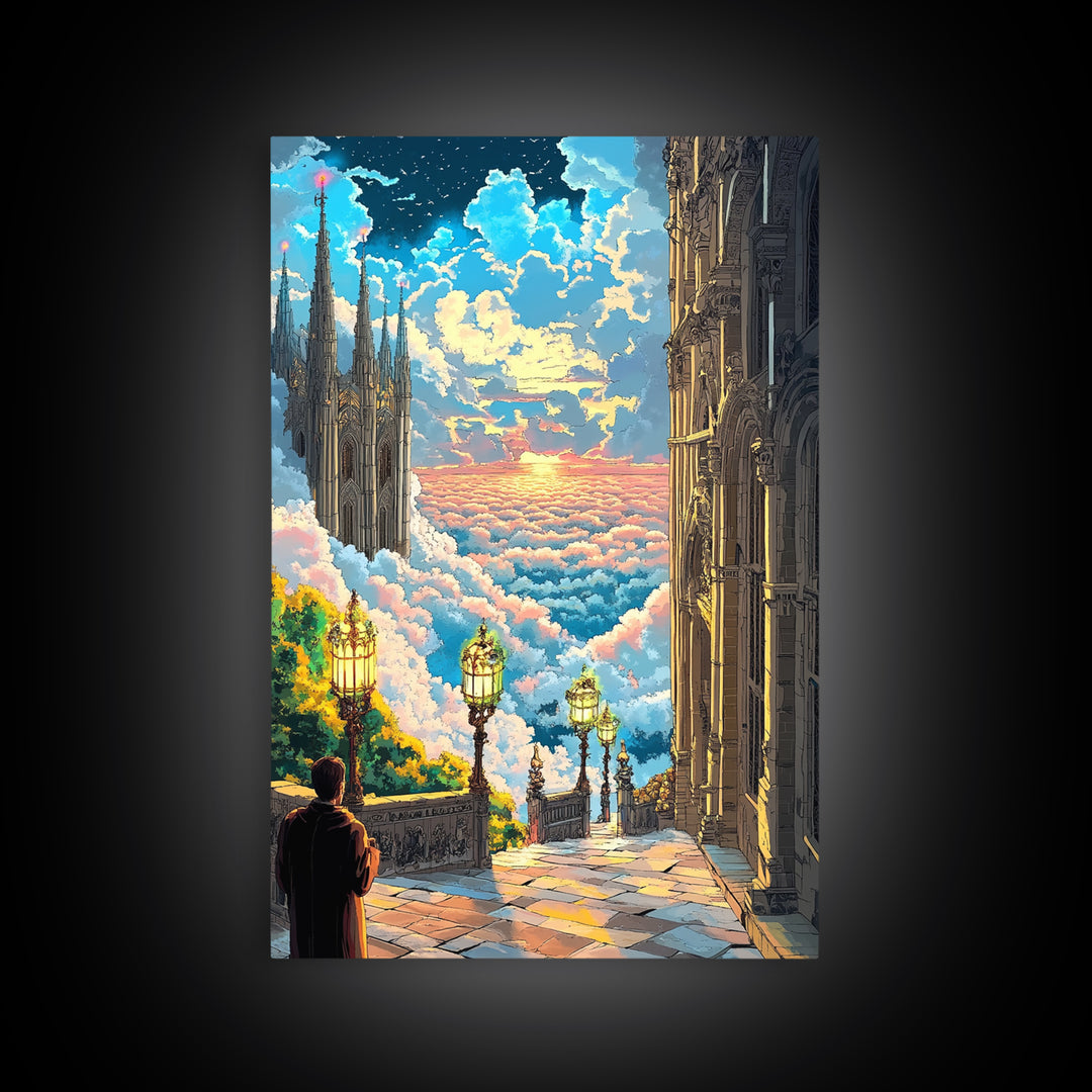 Celestial Cloud City Stairway Framed Canvas Print, Fantasy Wall Art, Sky Castle Decor, Dreamy Landscape, Bedroom Wall Decor
