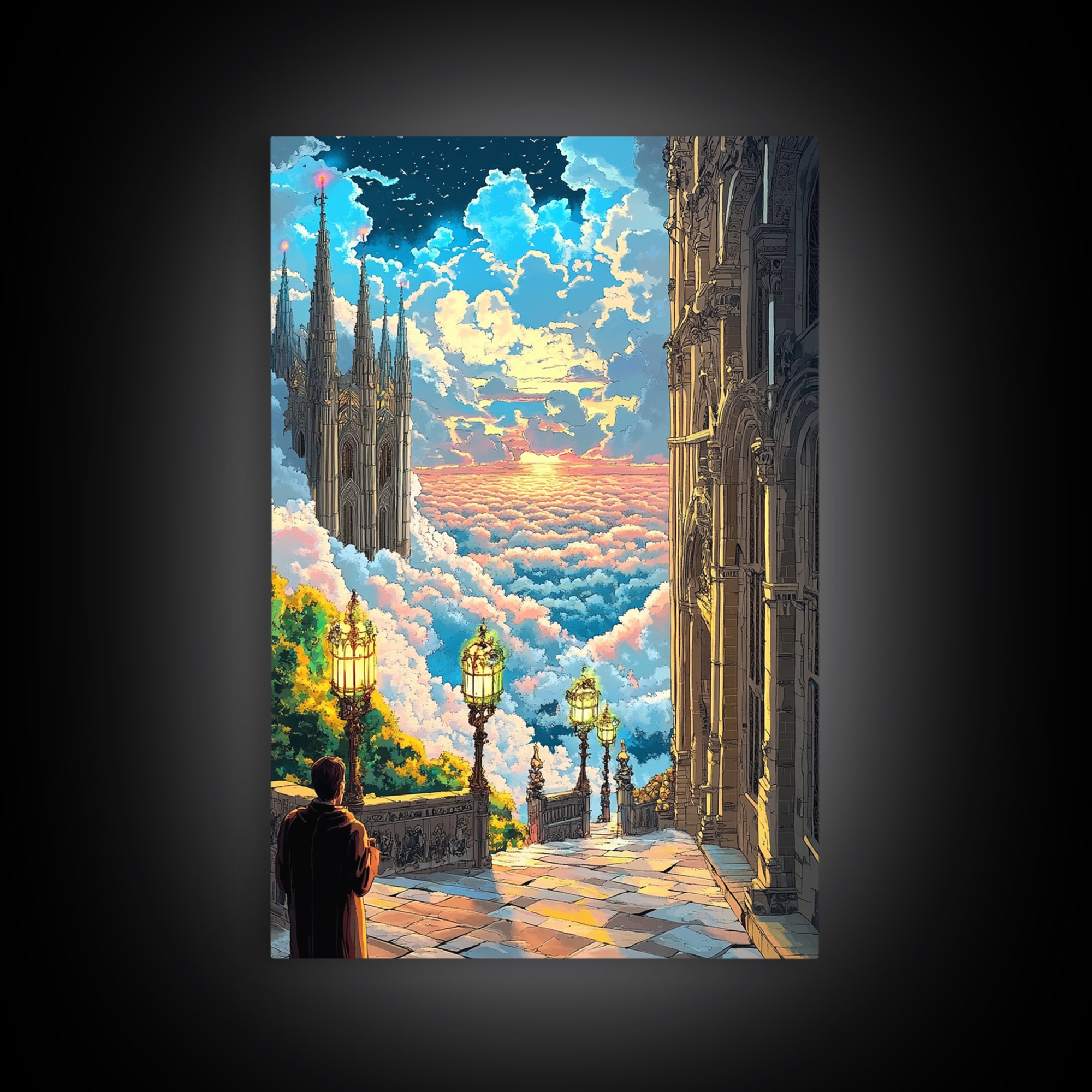 Celestial Cloud City Stairway Framed Canvas Print, Fantasy Wall Art, Sky Castle Decor, Dreamy Landscape, Bedroom Wall Decor