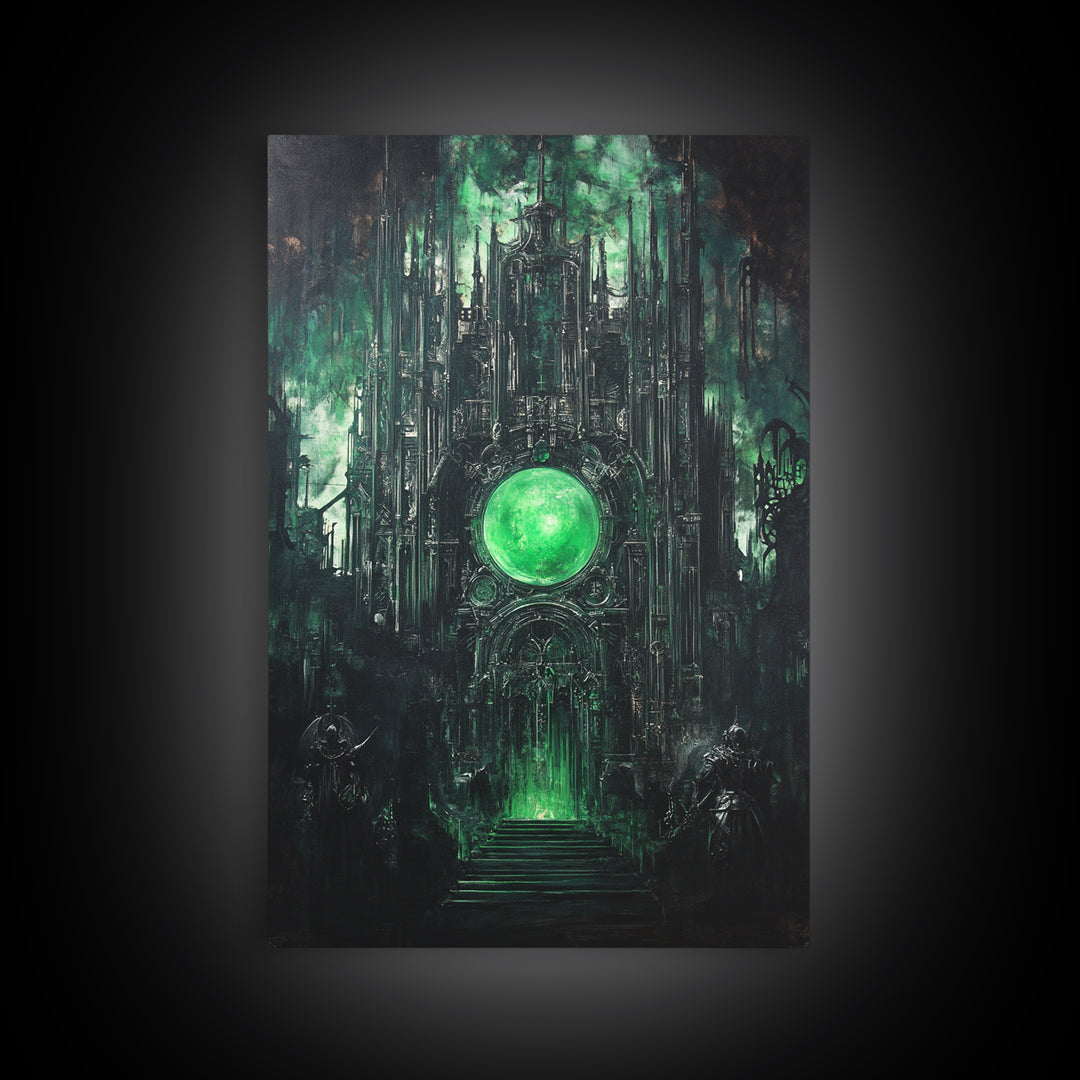 Emerald Orb Gothic Sanctuary Canvas Print, Dark Fantasy Wall Art, Occult Castle Decor, Moody Green Architecture Poster Print