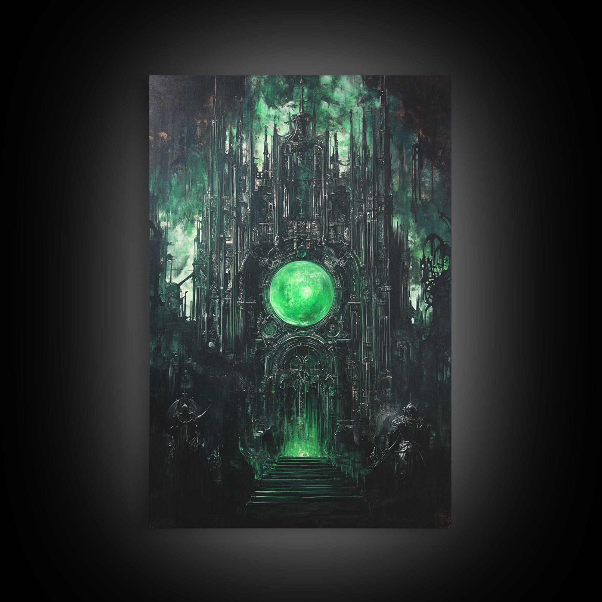 Emerald Orb Gothic Sanctuary Canvas Print, Dark Fantasy Wall Art, Occult Castle Decor, Moody Green Architecture Poster Print