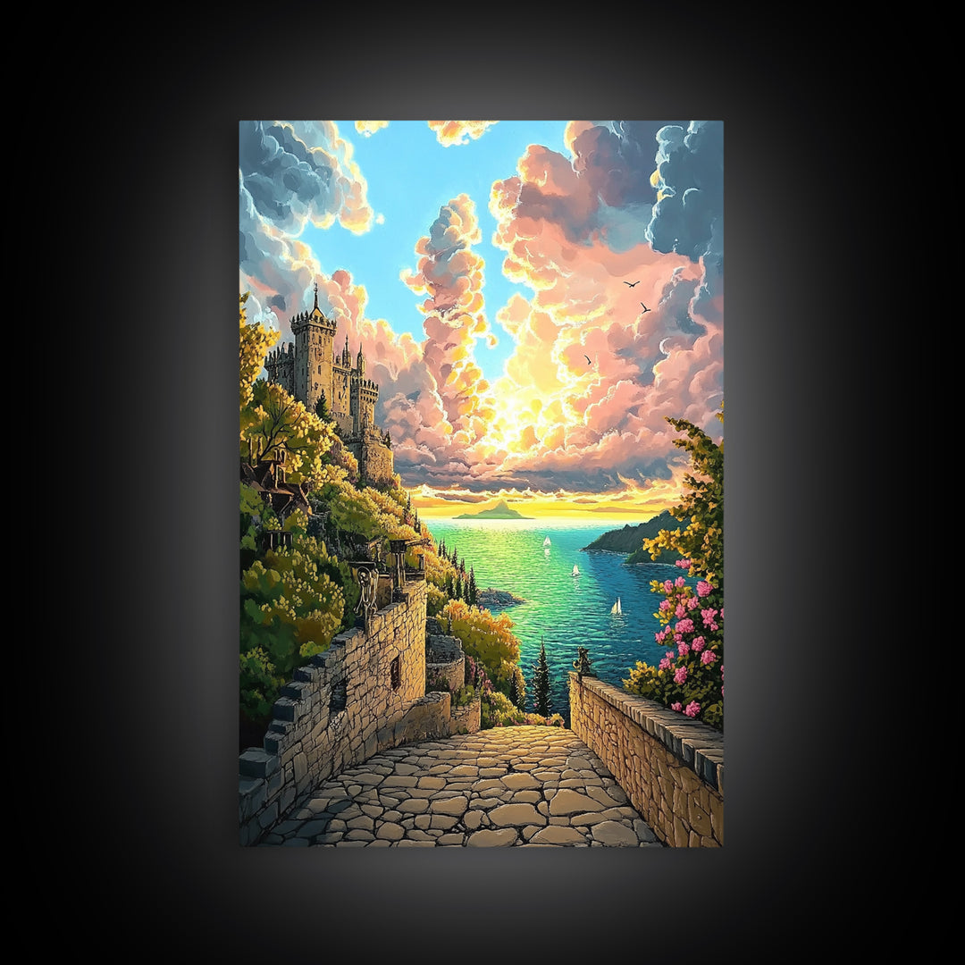 Sunset Castle Coast Path Wall Art, Mediterranean Seascape Canvas Print, Colorful Coastal Decor, Fantasy Landscape Art Print