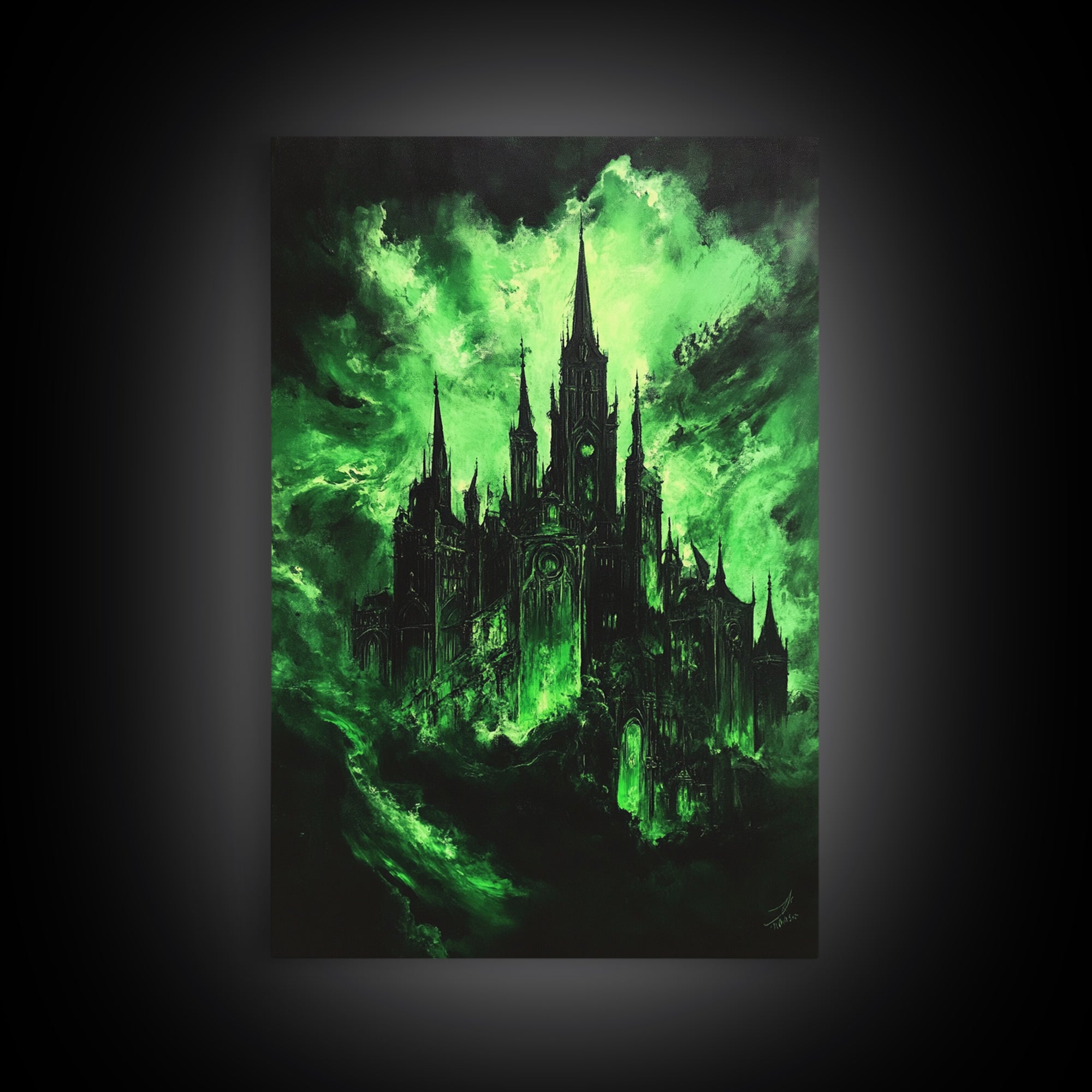 Green Haunted Gothic Cathedral Wall Art, Dark Fantasy Castle Canvas Print, Witchy Decor, Moody Black And Green Poster Print