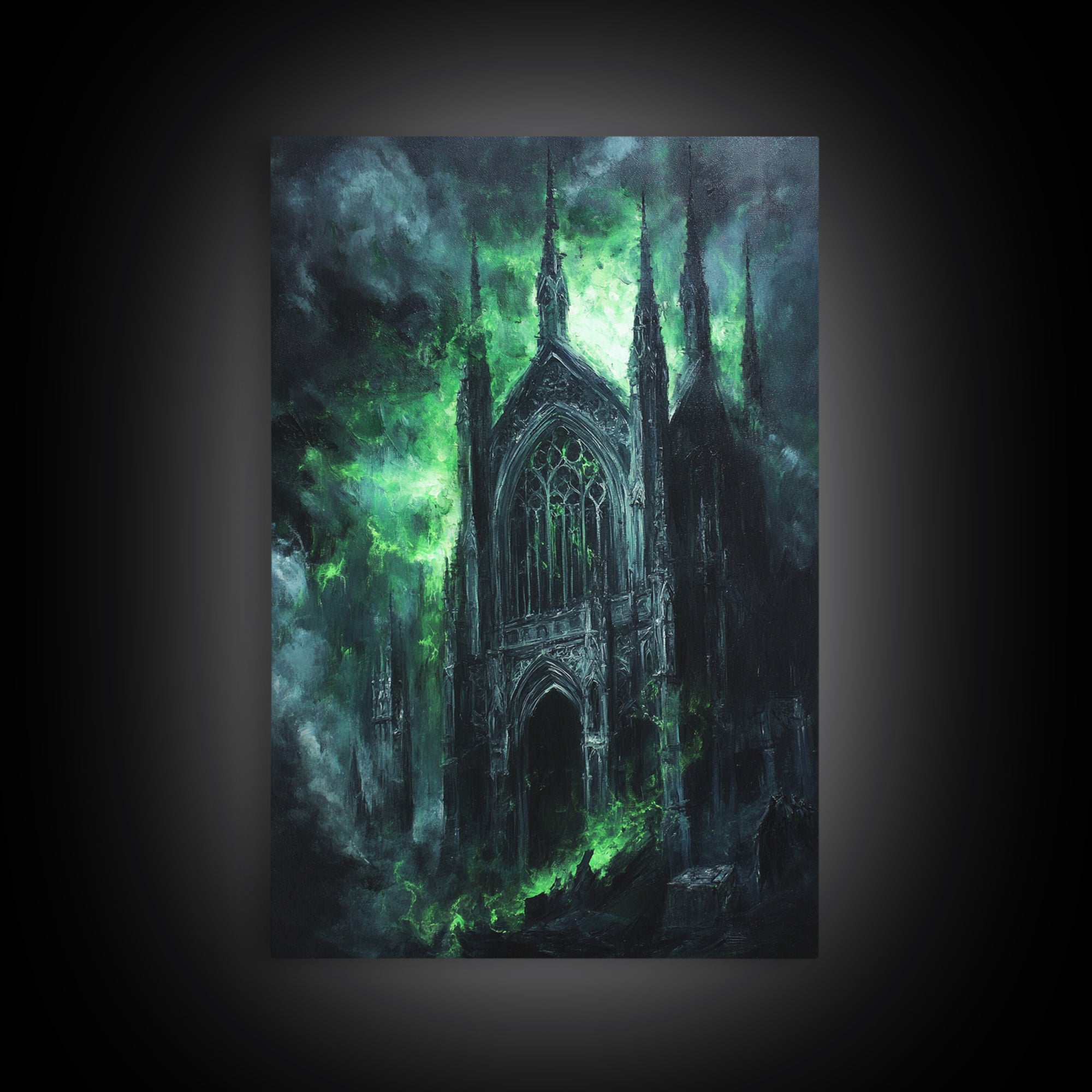 Misty Gothic Church In Green Fog Framed Canvas Print, Dark Academia Wall Art, Haunted Chapel Decor, Fantasy Architecture