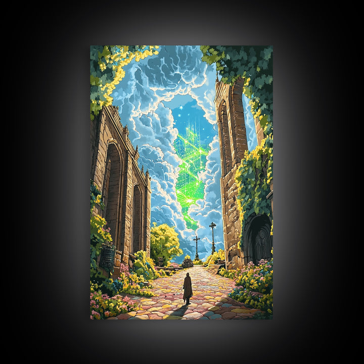 Glowing Crystal Towers Above Ruins Wall Art, Fantasy City Canvas Print, Whimsical Garden Decor, Magical Architecture Poster
