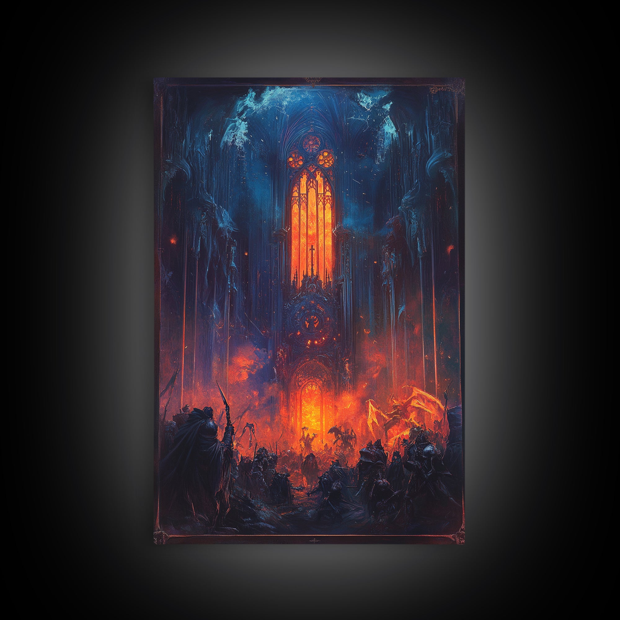Fiery Gothic Cathedral Battle Canvas Print, Dark Fantasy Wall Art, Medieval Warrior Decor, Dramatic Red And Blue Poster Print