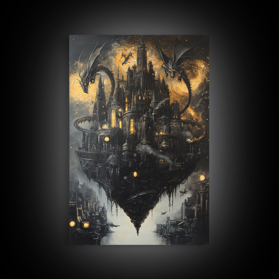 Floating Gothic Dragon Castle Wall Art, Dark Fantasy Canvas Decor, Moody Medieval Citadel Print, Gothic Home Decor Gift