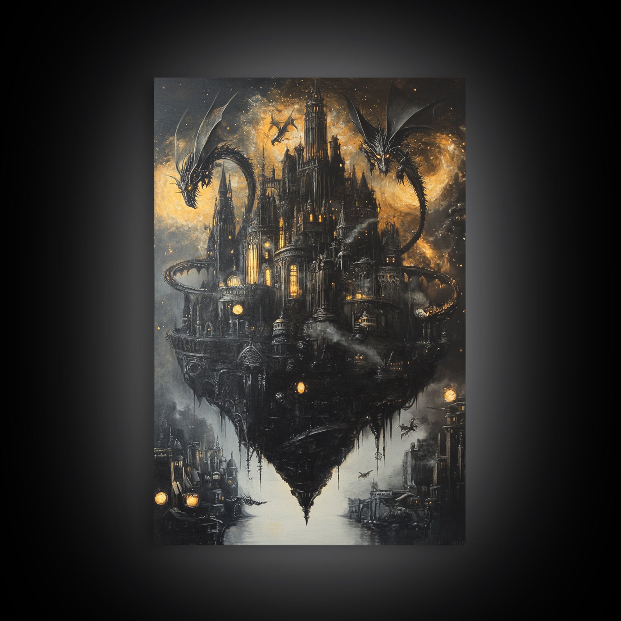 Floating Gothic Dragon Castle Wall Art, Dark Fantasy Canvas Decor, Moody Medieval Citadel Print, Gothic Home Decor Gift