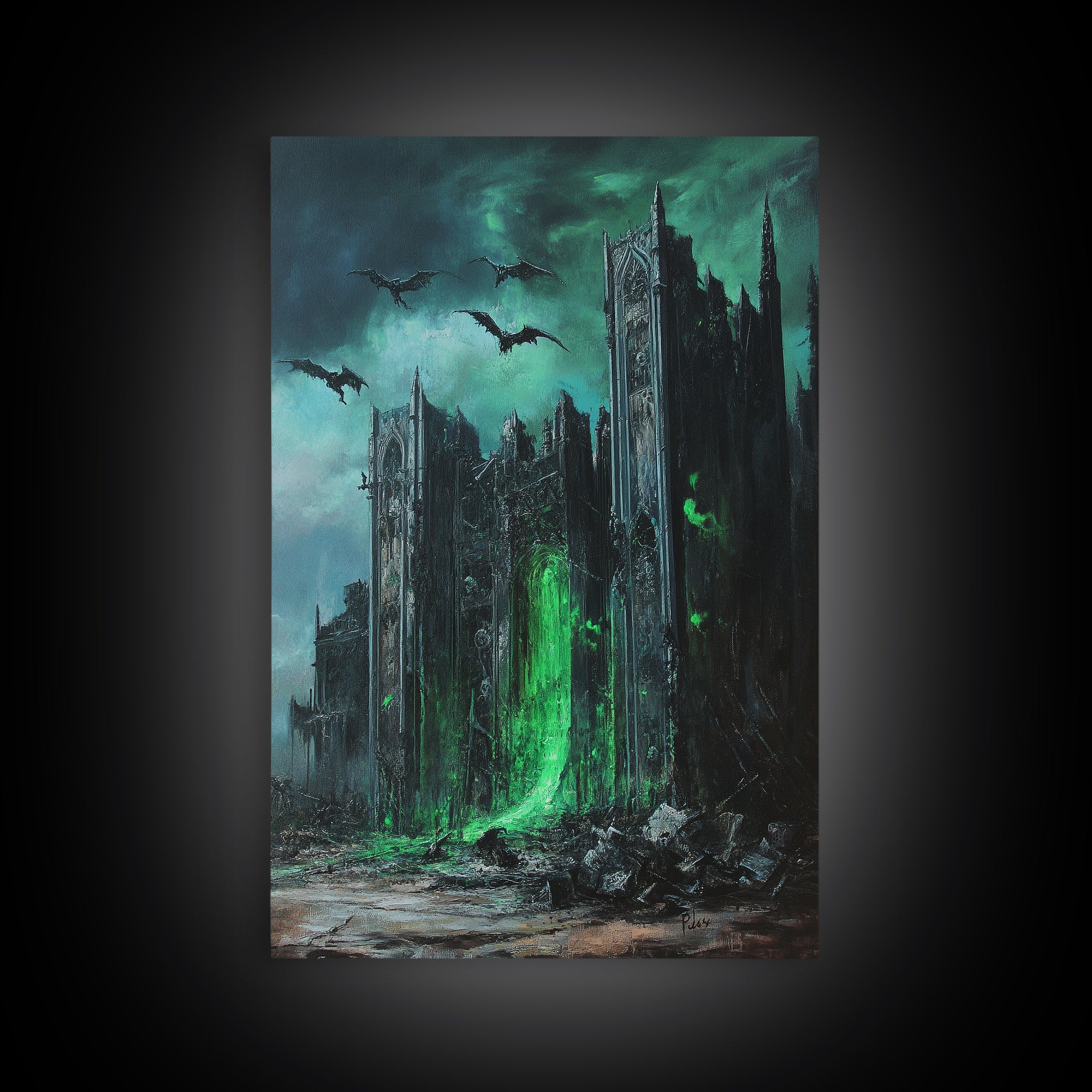 Green Portal Gothic Cathedral Wall Art, Dark Fantasy Ruins Print, Dragon Raven Decor, Moody Gothic Home Decor Gift For Him