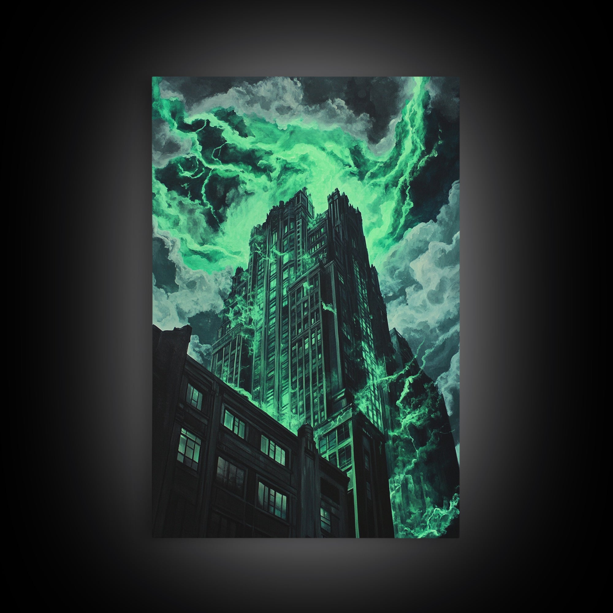 Emerald Storm Skyscraper Wall Art, Dark Urban Fantasy Print, Gothic City Lightning Decor, Moody Office Wall Decor, Home Decor Gift