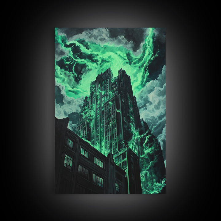 Emerald Storm Skyscraper Wall Art, Dark Urban Fantasy Print, Gothic City Lightning Decor, Moody Office Wall Decor, Home Decor Gift