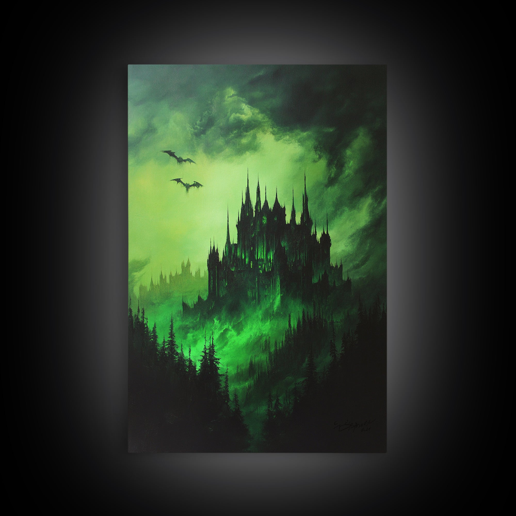Haunted Green Forest Castle Wall Art, Dark Fantasy Gothic Print, Moody Spooky Decor, Witchy Home Decor, Gothic Wall Decor Gift