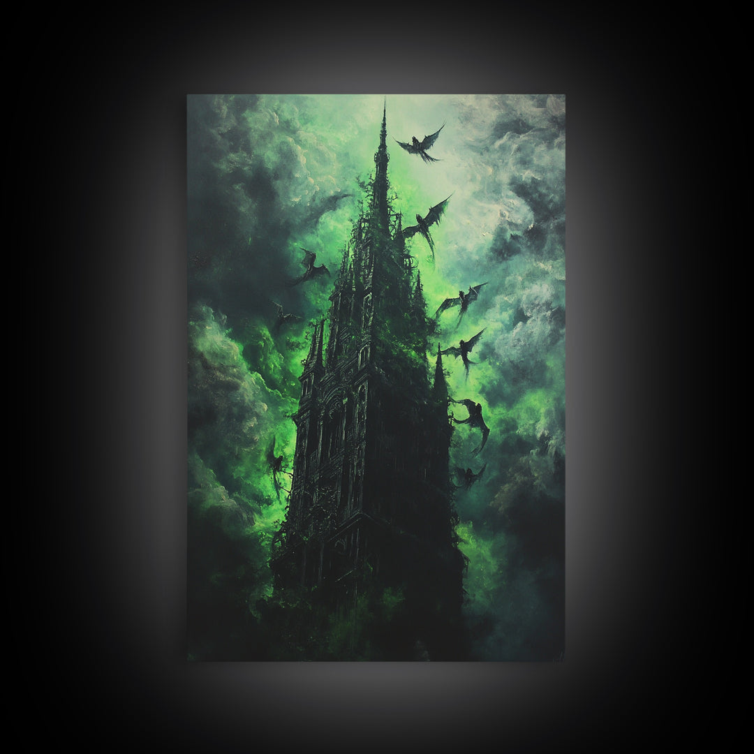 Shadowed Gothic Tower Wall Art, Green Storm Dragon Print, Dark Fantasy Castle Decor, Moody Gothic Home Decor Gift For Him