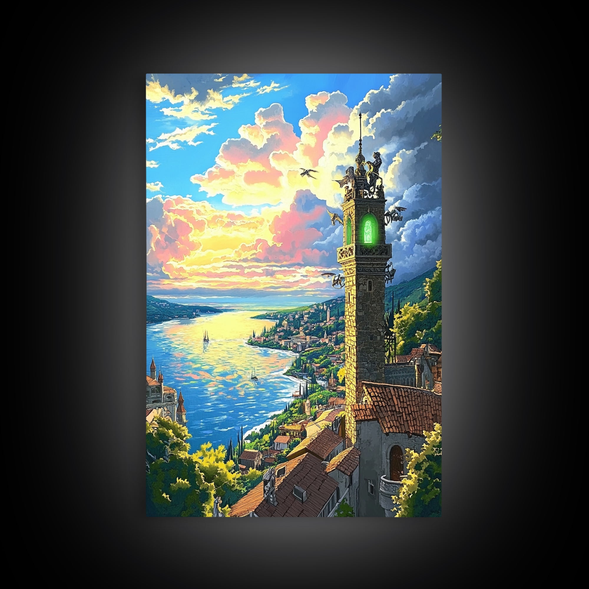 Glowing Coastal Tower At Sunset Canvas Print, Fantasy Seascape Wall Art, Mediterranean Landscape, Living Room Decor, Housewarming Gift