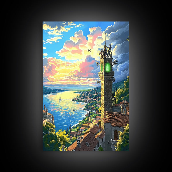 Glowing Coastal Tower At Sunset Canvas Print, Fantasy Seascape Wall Art, Mediterranean Landscape, Living Room Decor, Housewarming Gift