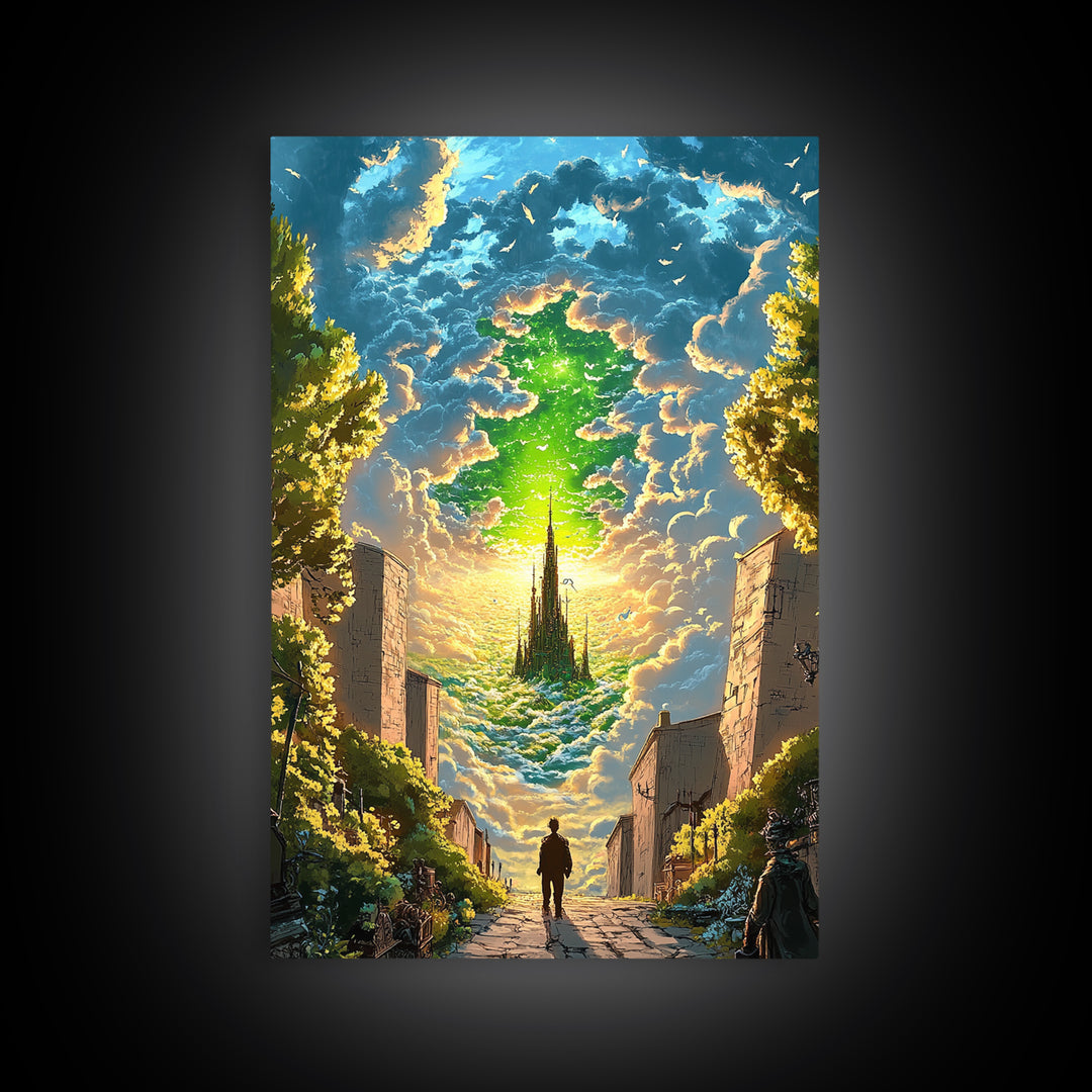 Emerald Sky Castle Above City Street Canvas Print, Surreal Fantasy Wall Art, Mystical Cloudscape, Home Office Decor, Unique Gift