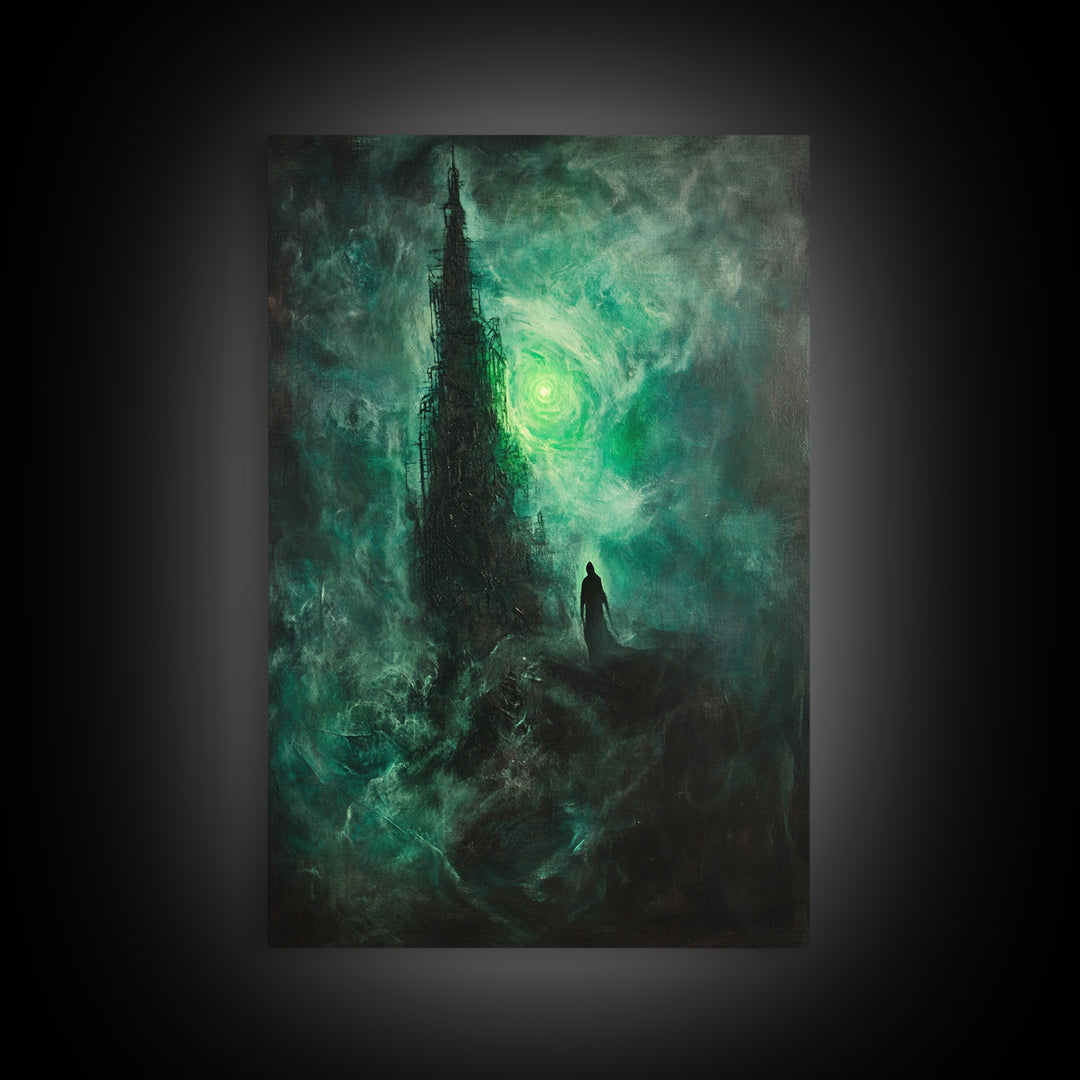 Dark Emerald Spire And Lone Wanderer Wall Art, Gothic Fantasy Canvas Print, Moody Surreal Landscape, Dark Academia Decor