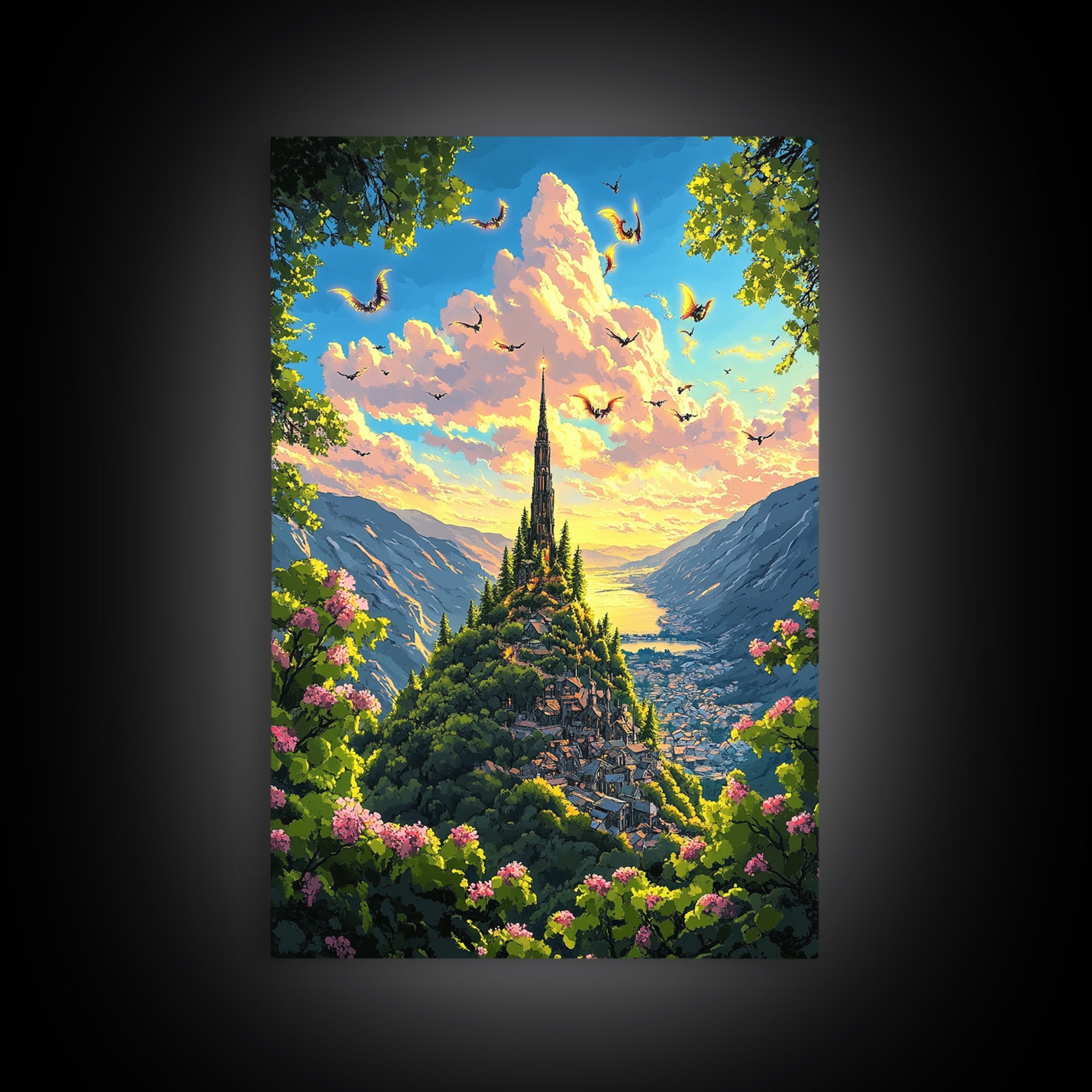 Sunlit Mountain Village With Flying Dragons Canvas Print, Fantasy Landscape Wall Art, Whimsical Home Decor, Gift For Her