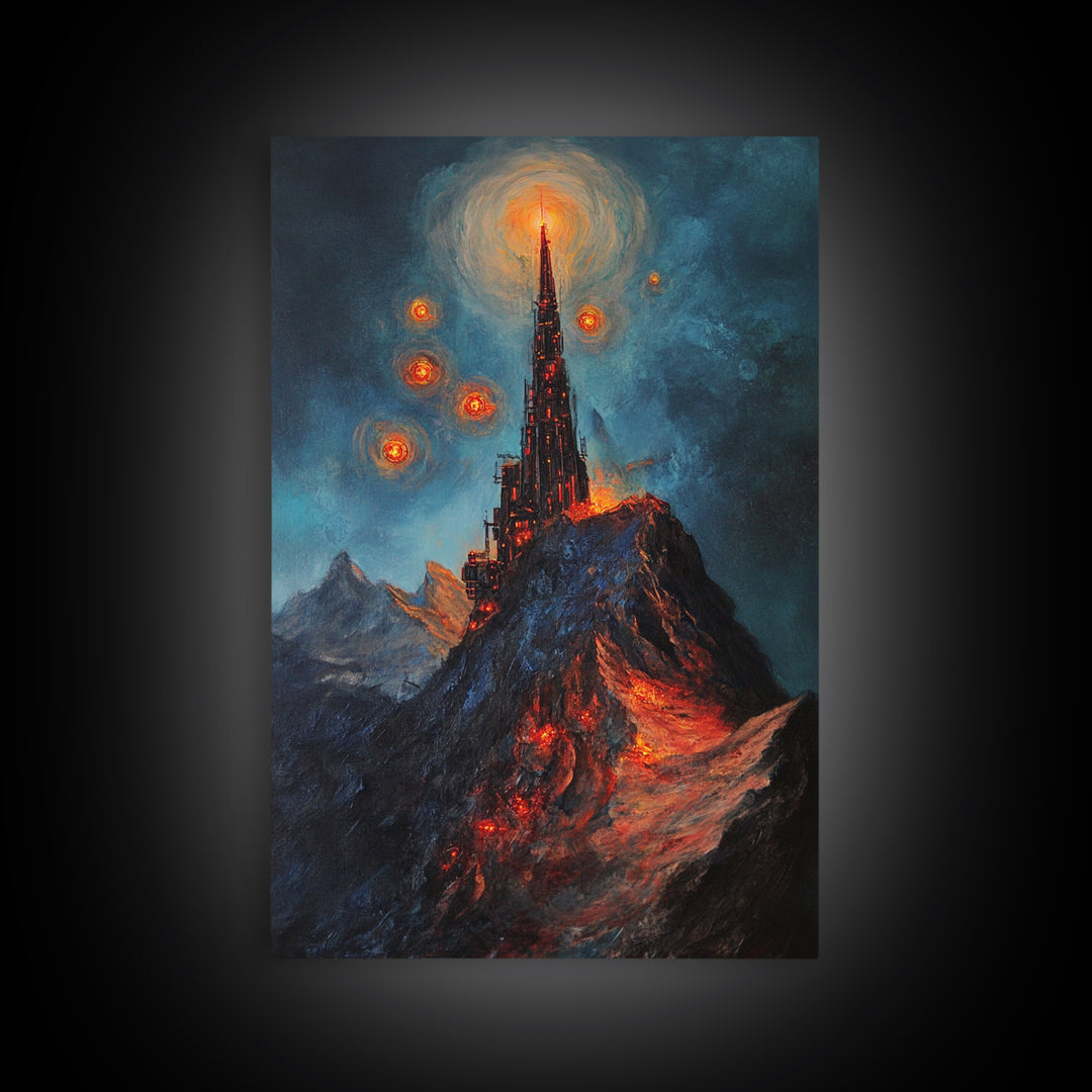 Fiery Dark Mountain Citadel With Red Orbs Canvas Print, Gothic Fantasy Wall Art, Lava Landscape, Moody Office Decor, Gift For Him
