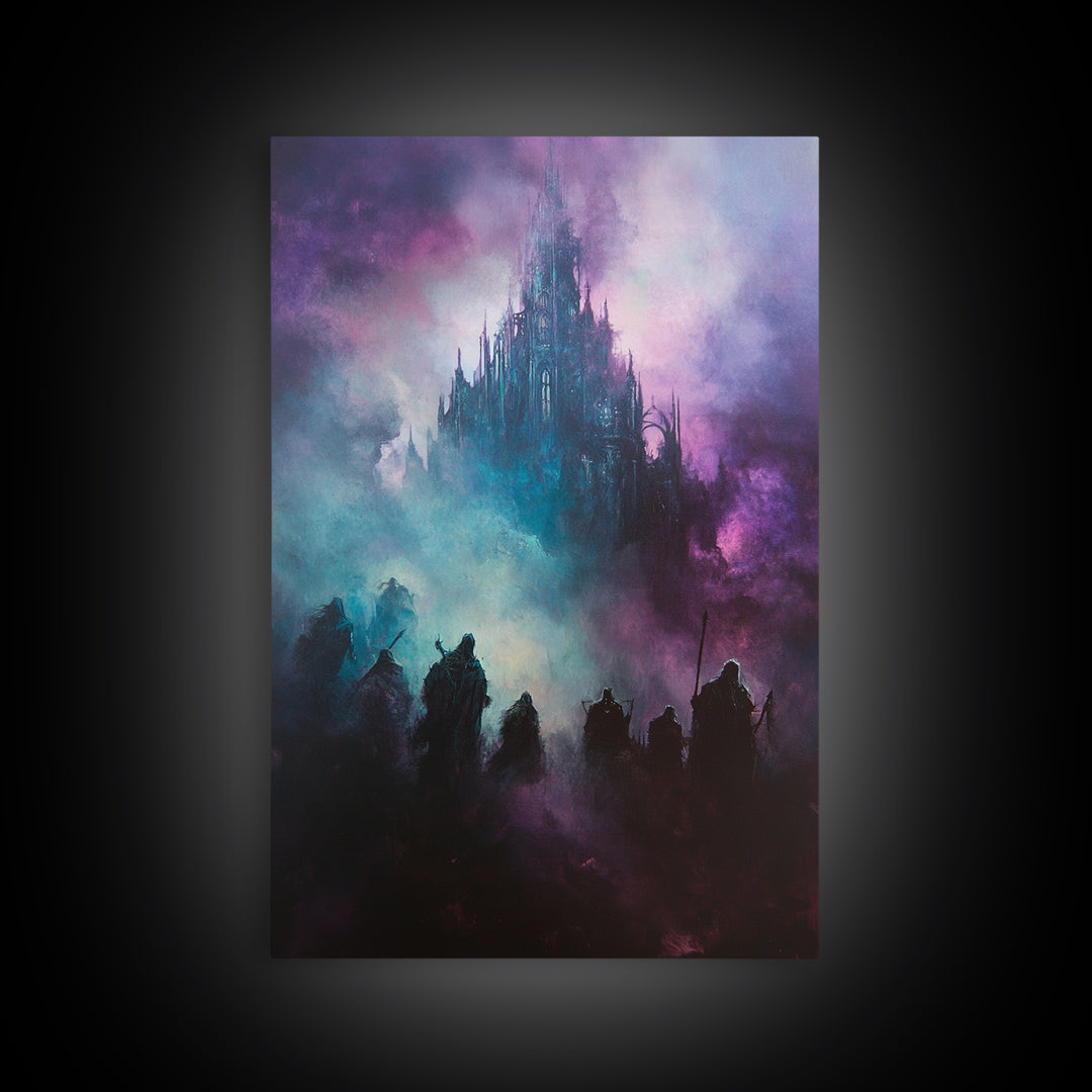 Purple Mist Fortress And Shadow Riders Framed Canvas Print, Dark Fantasy Wall Art, Gothic Castle Decor, Statement Artwork