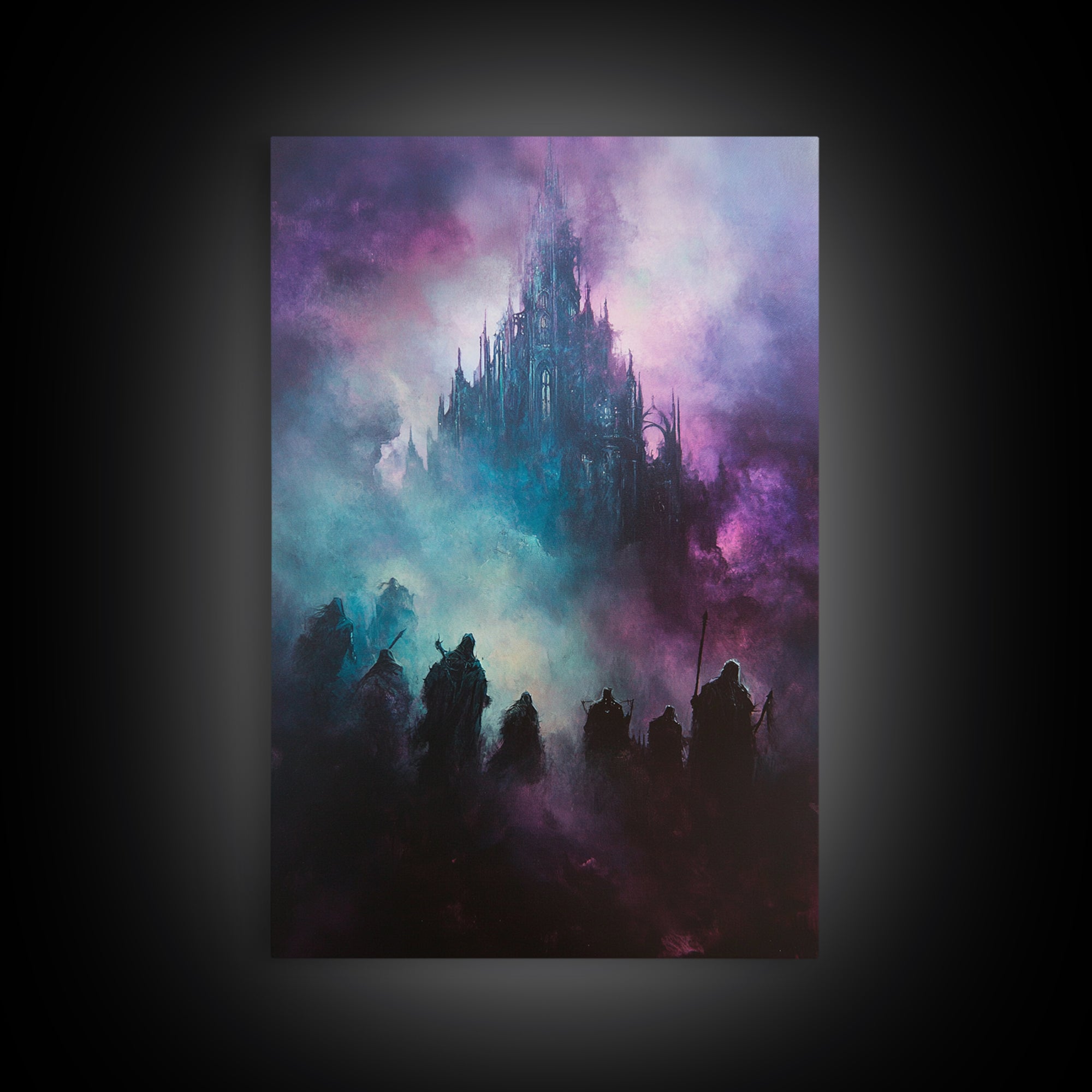 Purple Mist Fortress And Shadow Riders Framed Canvas Print, Dark Fantasy Wall Art, Gothic Castle Decor, Statement Artwork