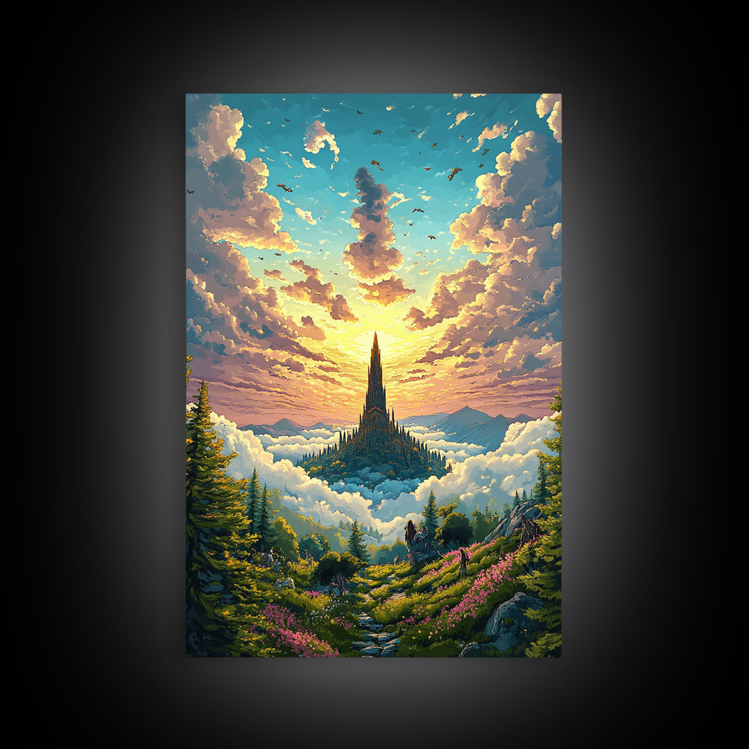Golden Cloud Kingdom Spire At Sunrise Canvas Print, Fantasy Landscape Wall Art, Colorful Nature Art, Living Room Decor, Housewarming Gift