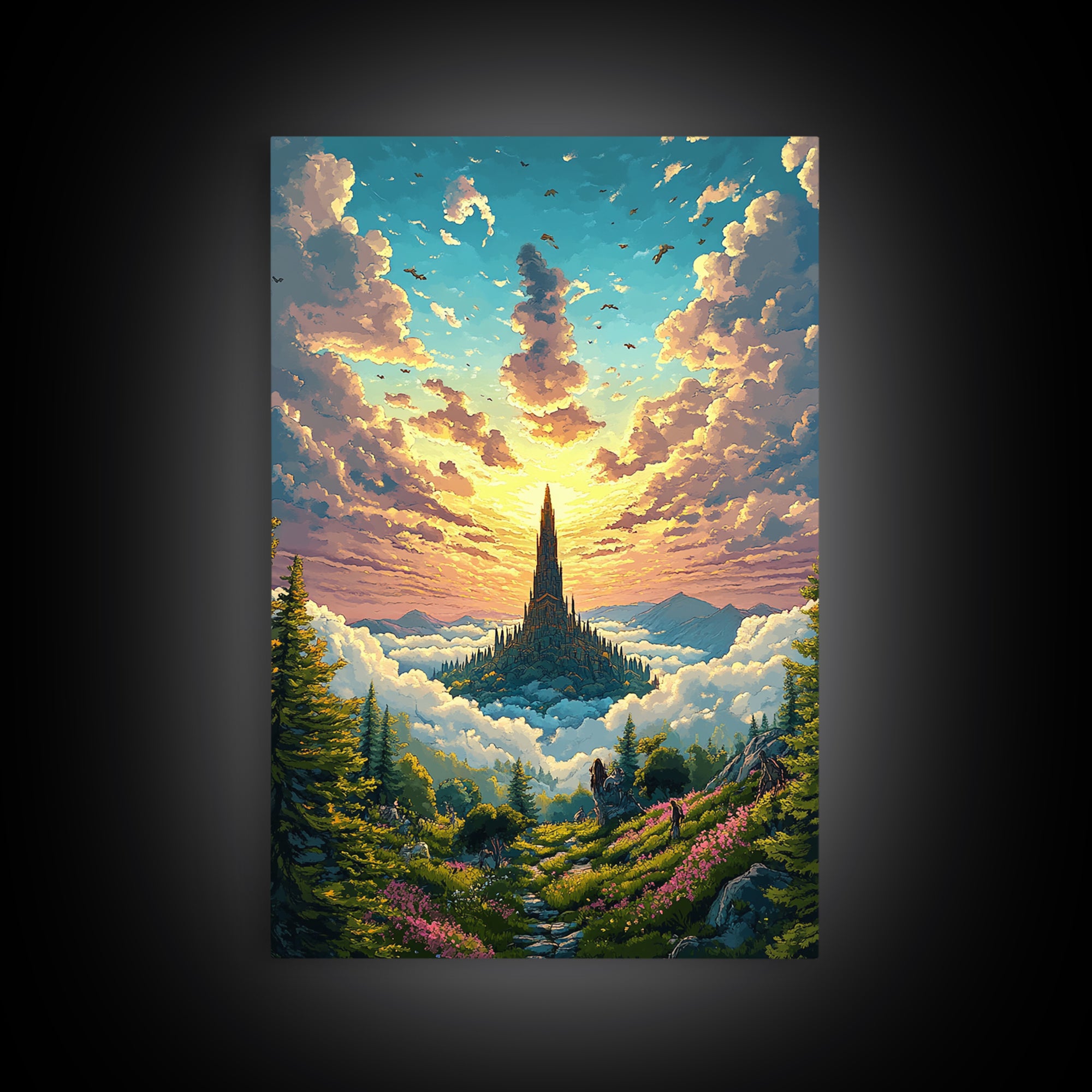 Golden Cloud Kingdom Spire At Sunrise Canvas Print, Fantasy Landscape Wall Art, Colorful Nature Art, Living Room Decor, Housewarming Gift
