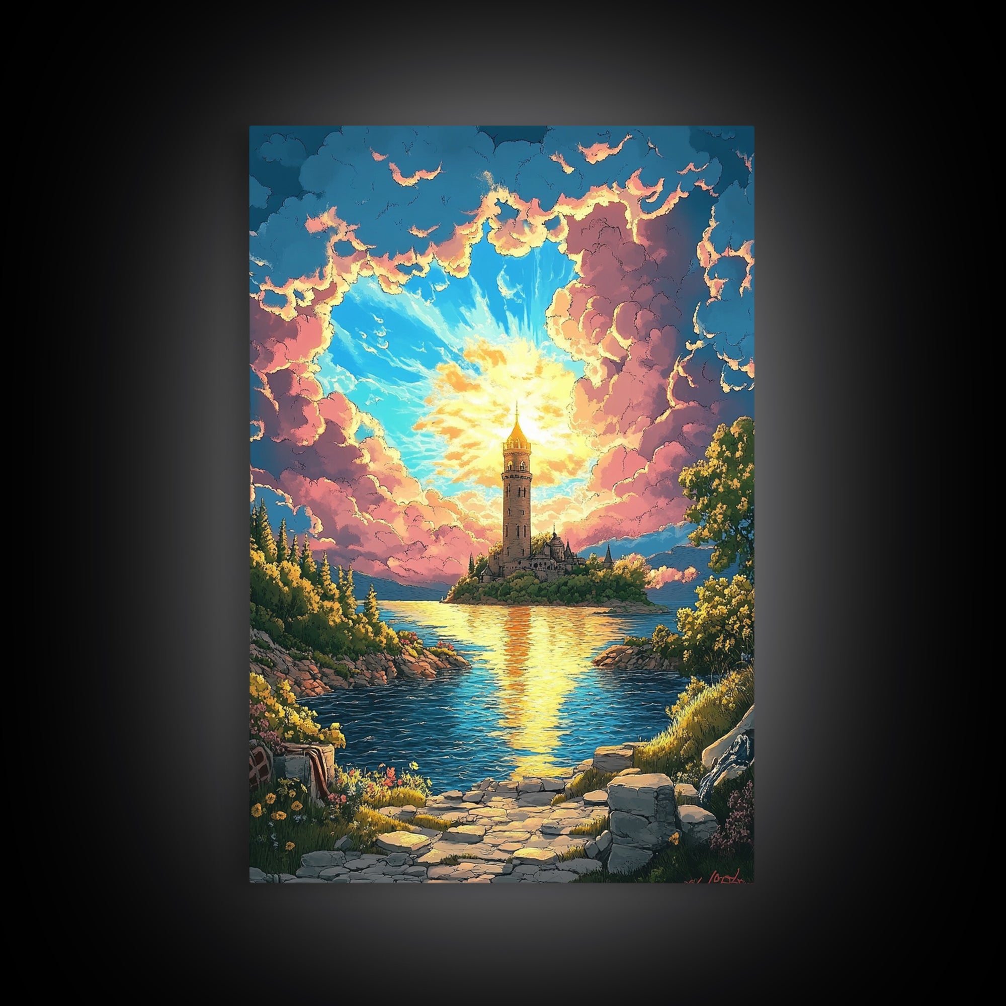 Radiant Island Lighthouse Under Pink Clouds Canvas Print, Fantasy Lake Landscape Wall Art, Coastal Home Decor, Gift For Her