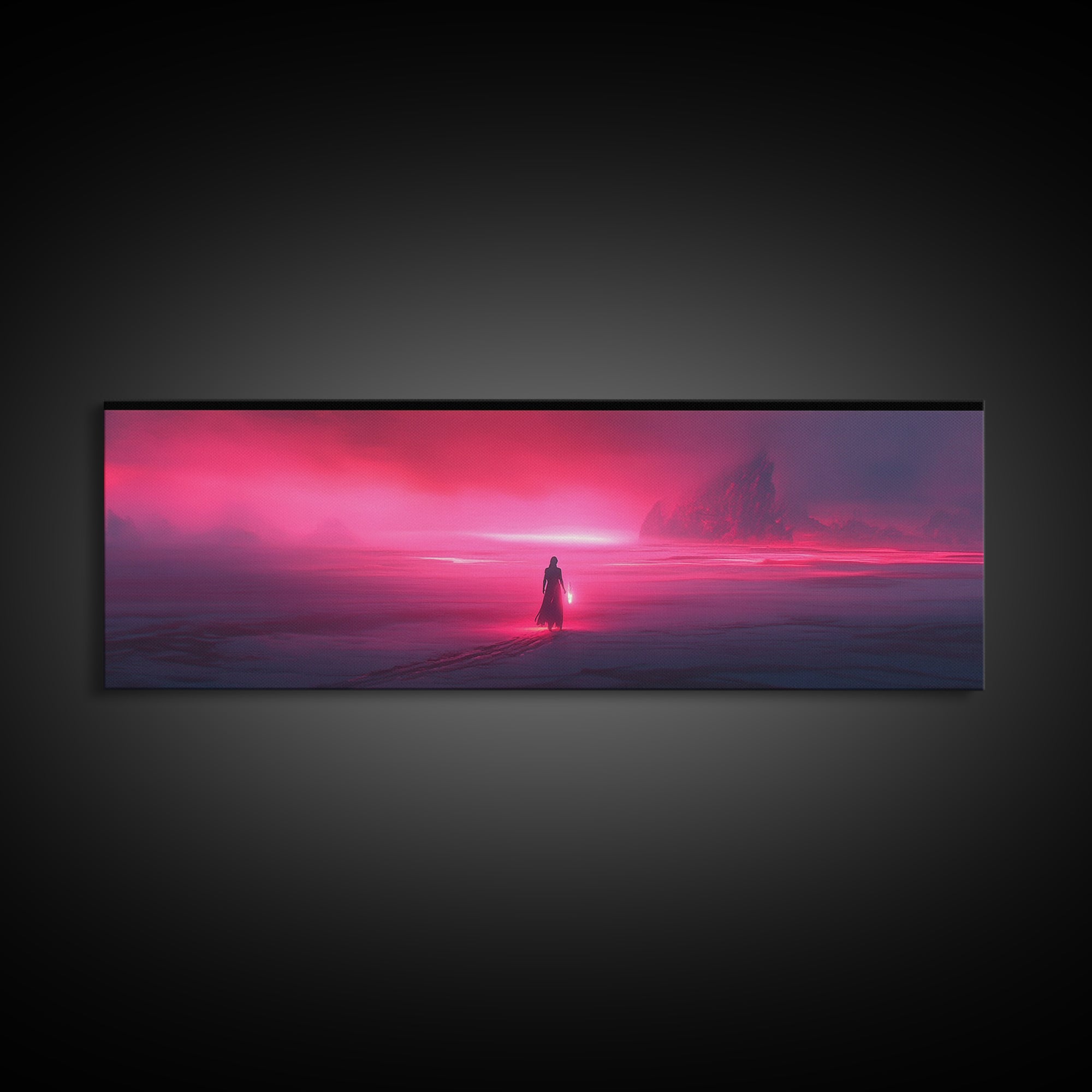 Lone Traveler In Magenta Alien Fog Wall Art, Sci Fi Landscape Canvas, Futuristic Decor, Neon Pink Living Room Art Print Gift