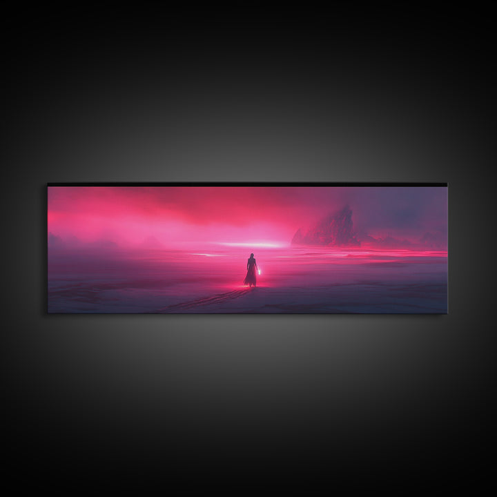Lone Traveler In Magenta Alien Fog Wall Art, Sci Fi Landscape Canvas, Futuristic Decor, Neon Pink Living Room Art Print Gift