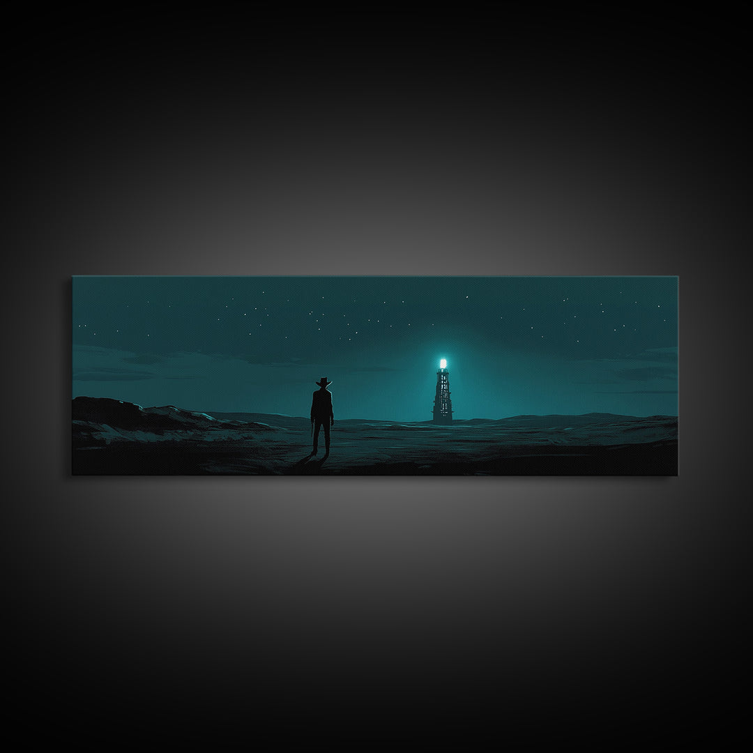 Starry Teal Desert Cowboy And Beacon Tower Wall Art, Sci Fi Western Landscape Print, Masculine Office Decor Gift For Him