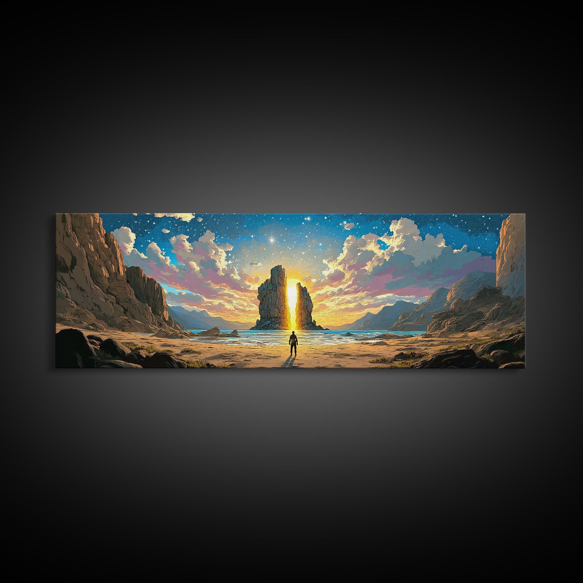 Golden Canyon Monolith At Sunrise Canvas Print, Epic Fantasy Landscape Wall Art, Modern Home Decor For Living Room Housewarming Gift