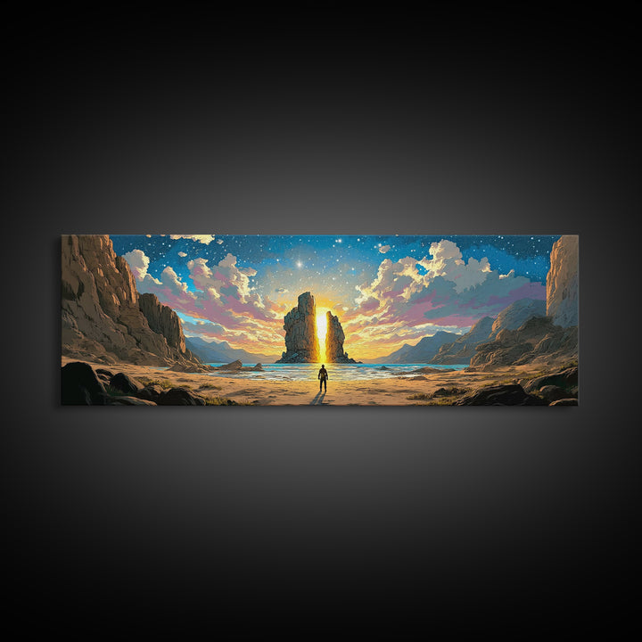 Golden Canyon Monolith At Sunrise Canvas Print, Epic Fantasy Landscape Wall Art, Modern Home Decor For Living Room Housewarming Gift