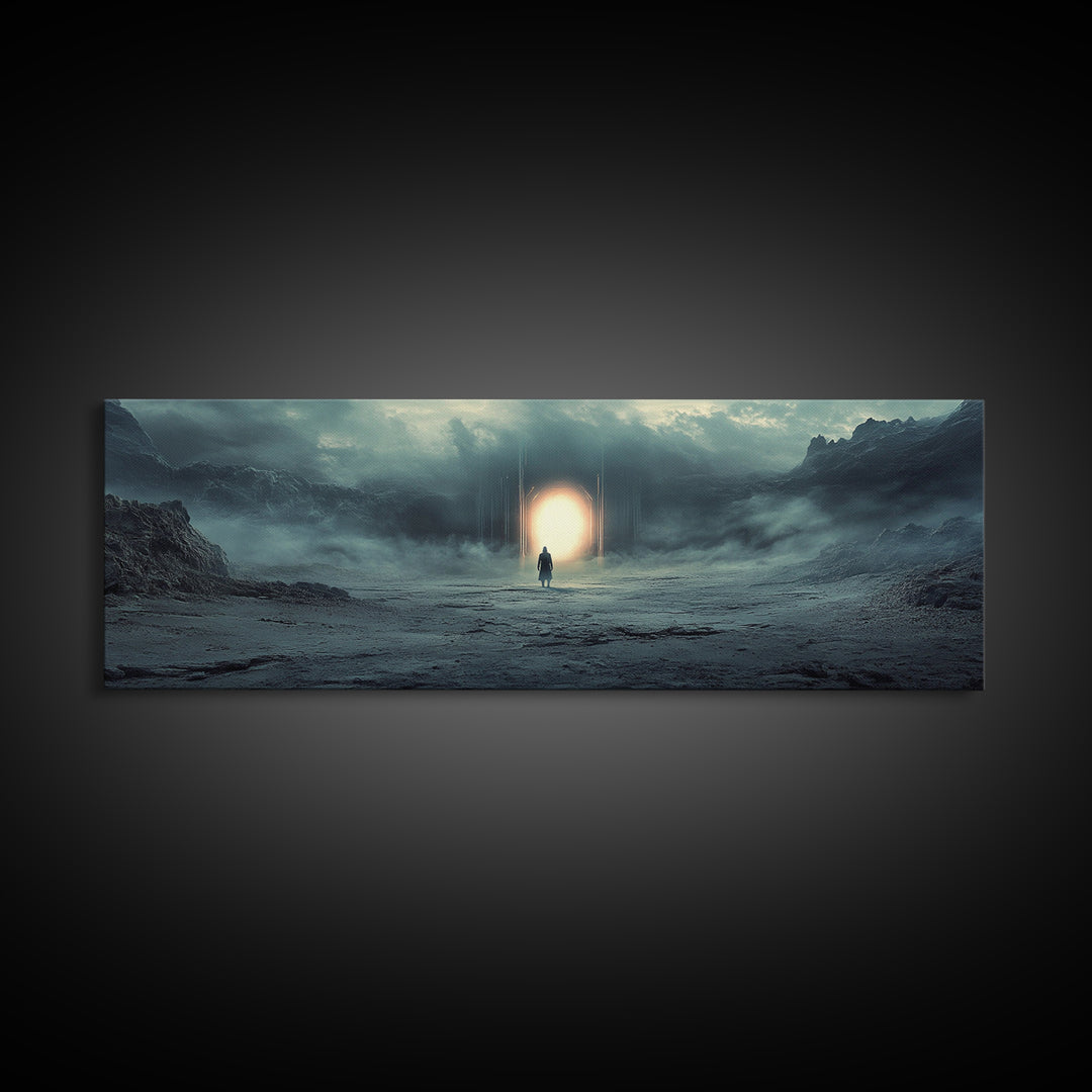 Misty Portal In Dark Mountains Wall Art, Moody Sci Fi Landscape Canvas Print, Atmospheric Office Decor And Modern Wall Decor
