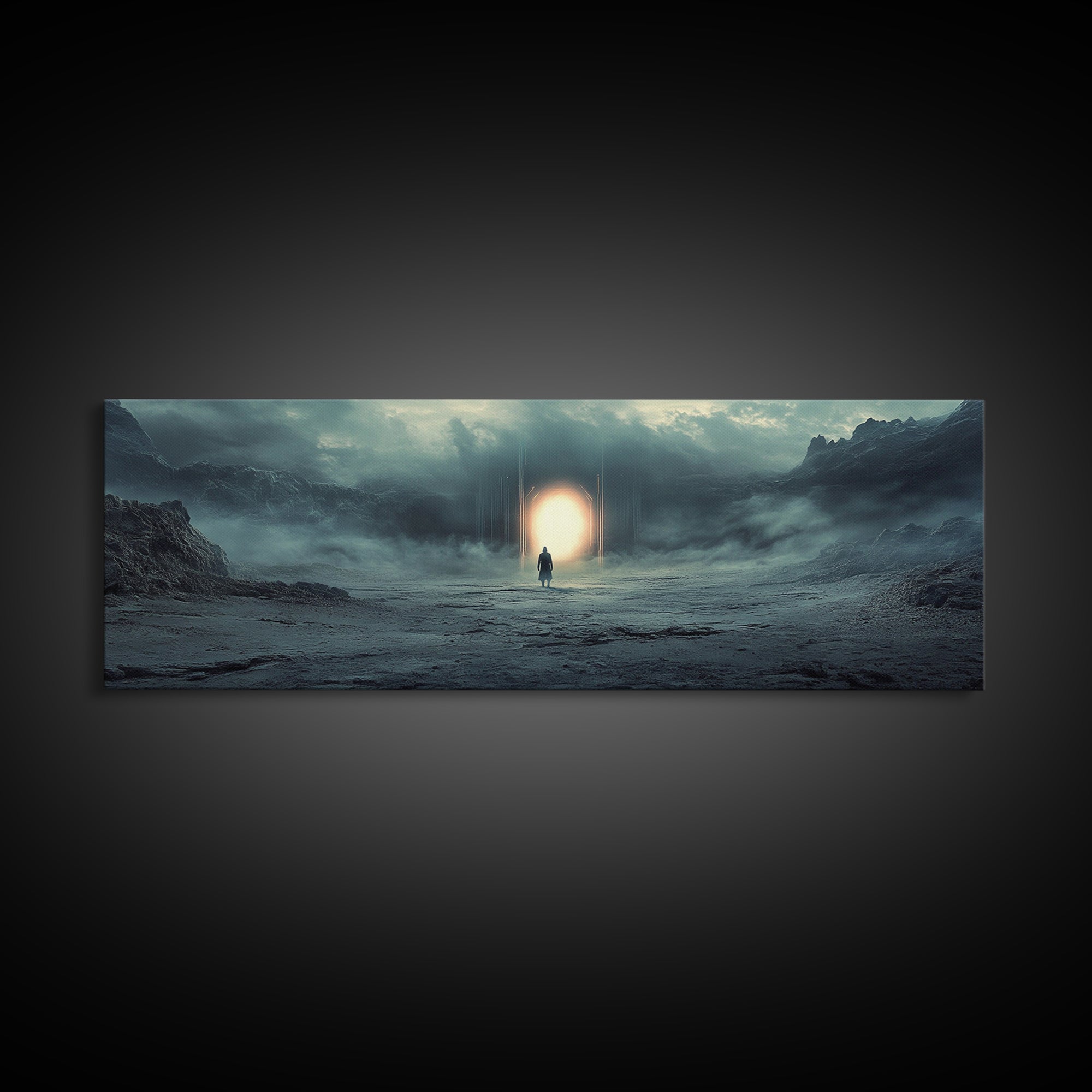 Misty Portal In Dark Mountains Wall Art, Moody Sci Fi Landscape Canvas Print, Atmospheric Office Decor And Modern Wall Decor