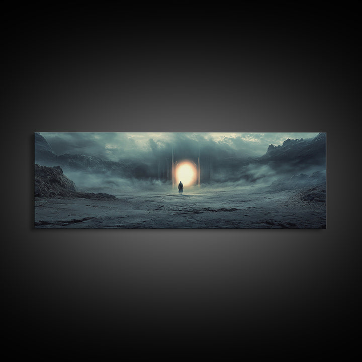 Misty Portal In Dark Mountains Wall Art, Moody Sci Fi Landscape Canvas Print, Atmospheric Office Decor And Modern Wall Decor