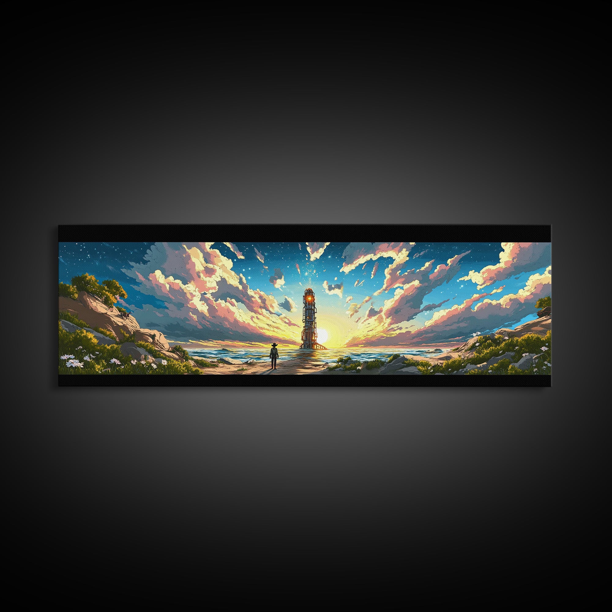 Colorful Beacon Tower By Ocean Sunset Canvas Print, Sci Fi Coastal Landscape Wall Art, Vibrant Living Room Wall Decor Gift