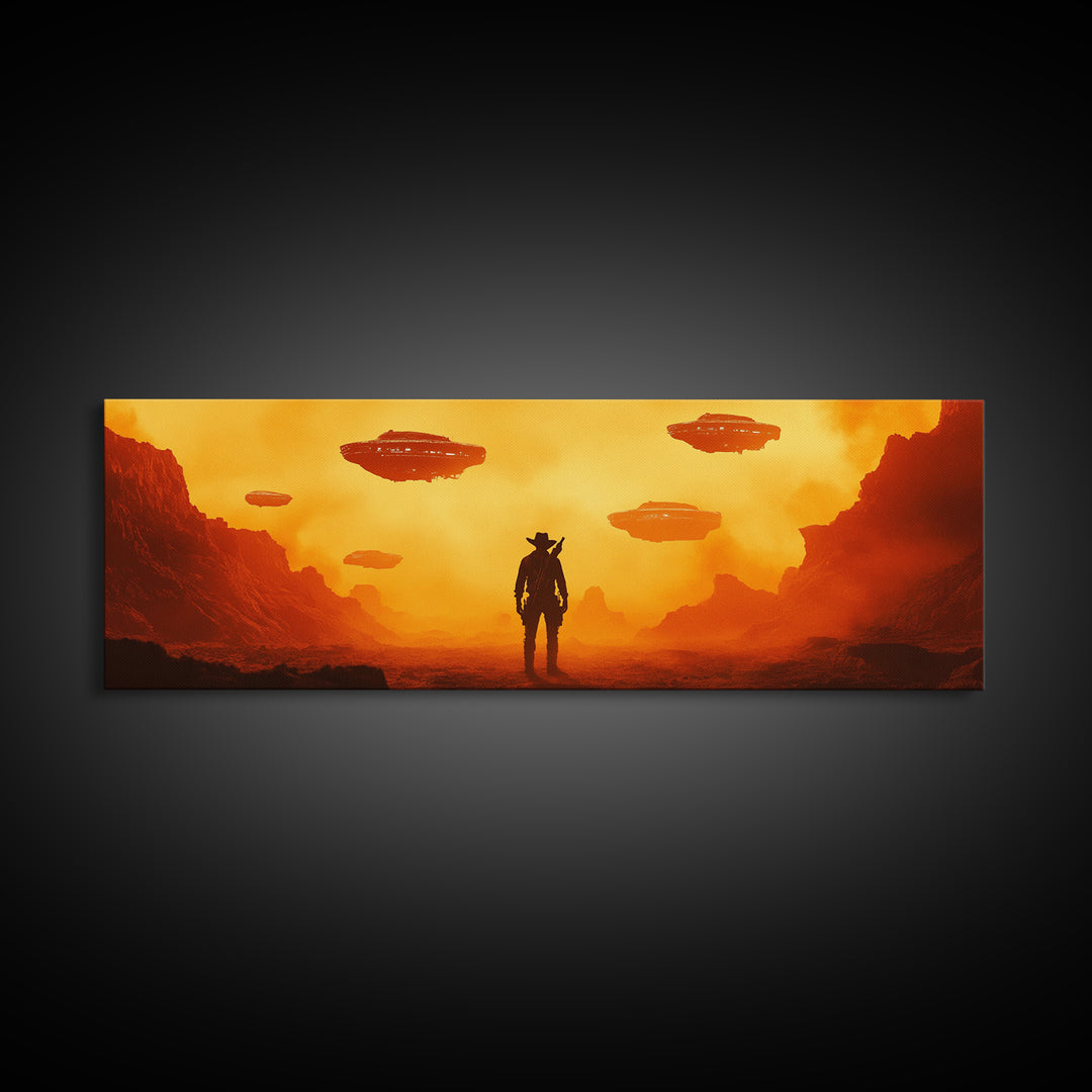 Orange Alien Canyon With UFOs And Cowboy Wall Art, Retro Sci Fi Western Canvas Print, Desert Landscape Decor Gift For Him