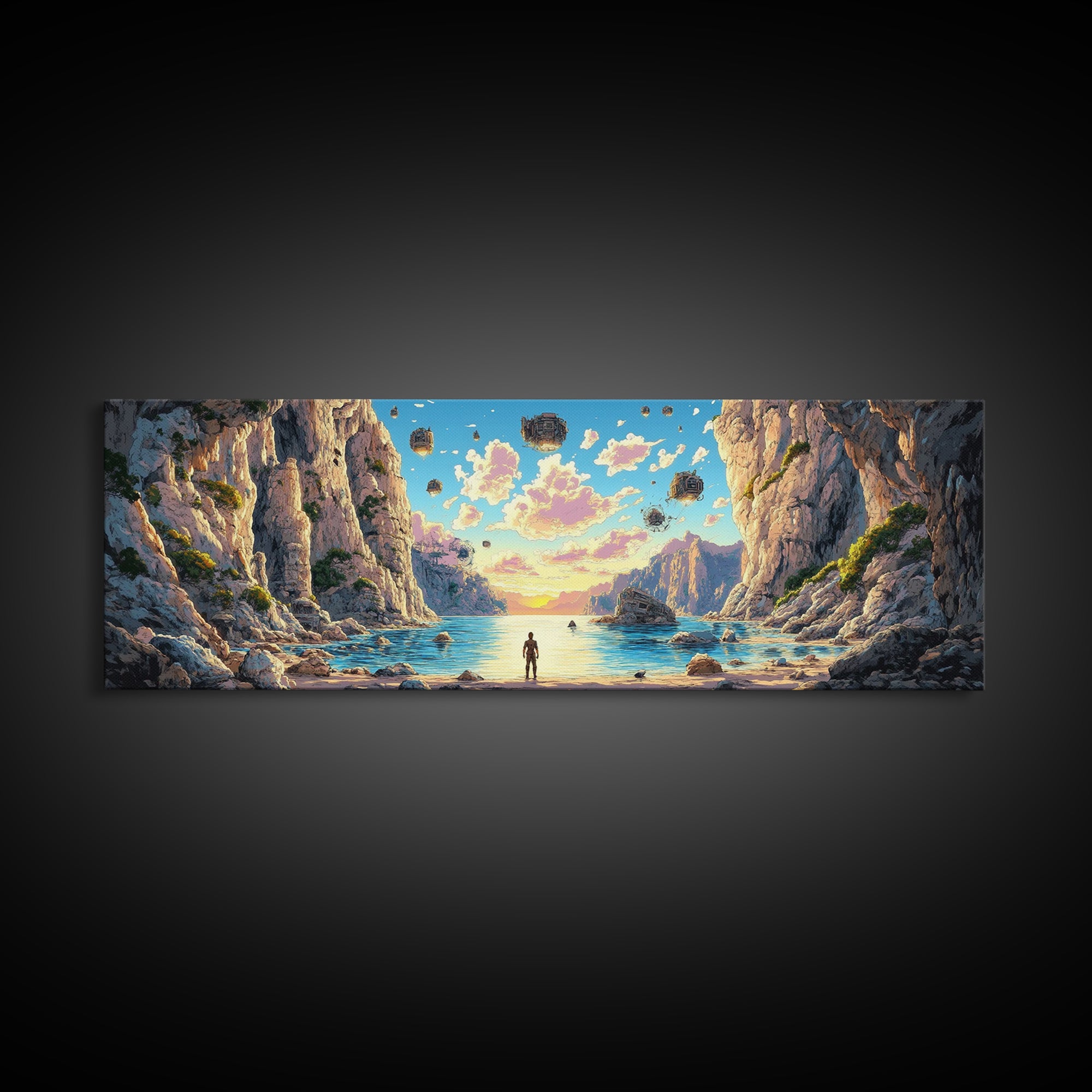 Alien Canyon Lagoon Canvas Print, Floating Rocks Fantasy Landscape, Panoramic Sci Fi Wall Decor, Large Modern Living Room Art