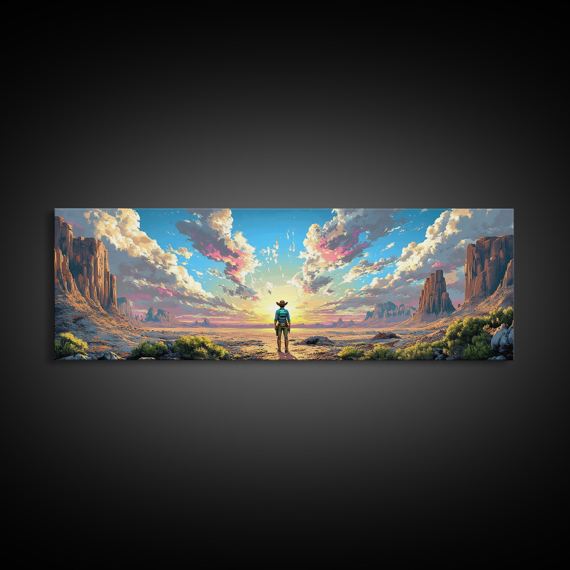 Cowboy Desert Mesa Wall Art, Vast Western Sunrise Landscape, Panoramic Canvas Print, Rustic Home Decor For Living Room Art