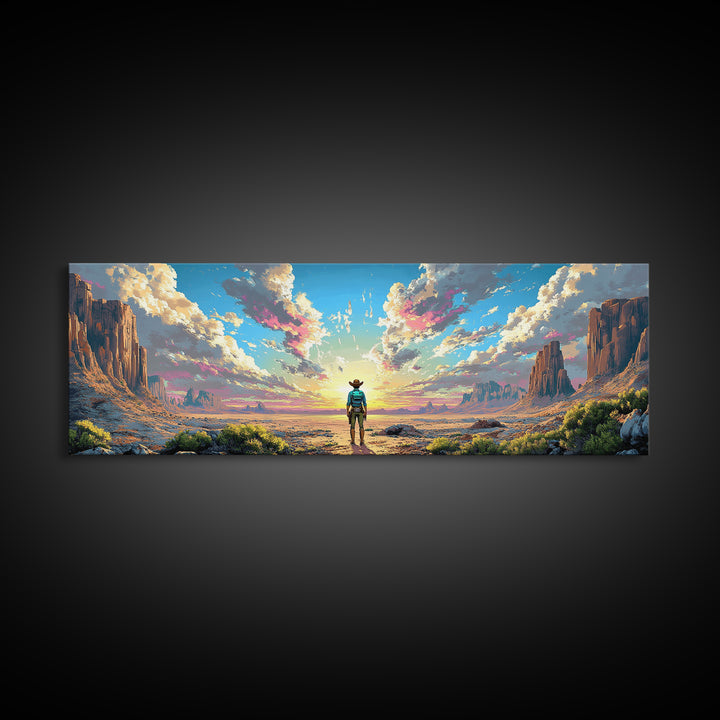 Cowboy Desert Mesa Wall Art, Vast Western Sunrise Landscape, Panoramic Canvas Print, Rustic Home Decor For Living Room Art