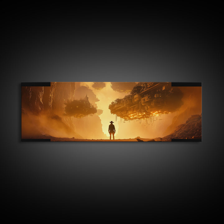 Golden Dystopian Airship Canyon Wall Art, Sci Fi Cowboy Landscape, Orange Futuristic Cinematic Canvas Print, Man Cave Decor