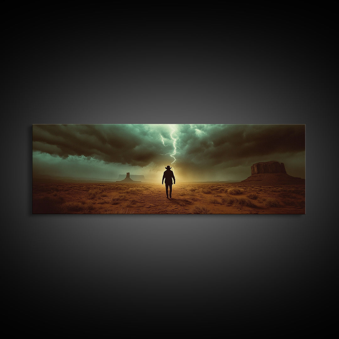 Lightning Storm Desert Cowboy Canvas Print, Large Moody Rustic Western Landscape, Dramatic Wall Art, Masculine Office Decor