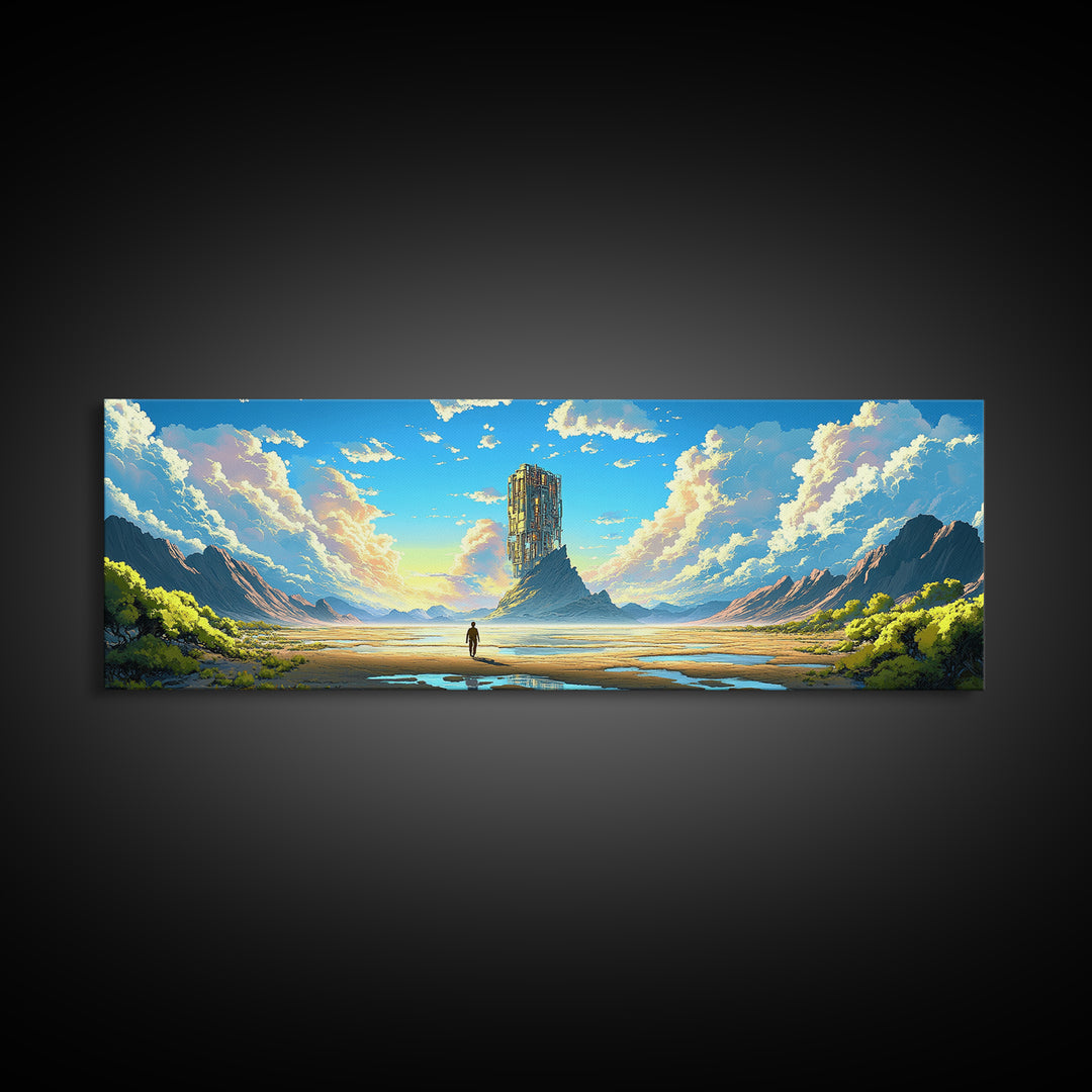 Mountain Valley Monolith Canvas Print, Bright Sci Fi Landscape, Panoramic Wall Art, Modern Nature Decor For Living Room Art