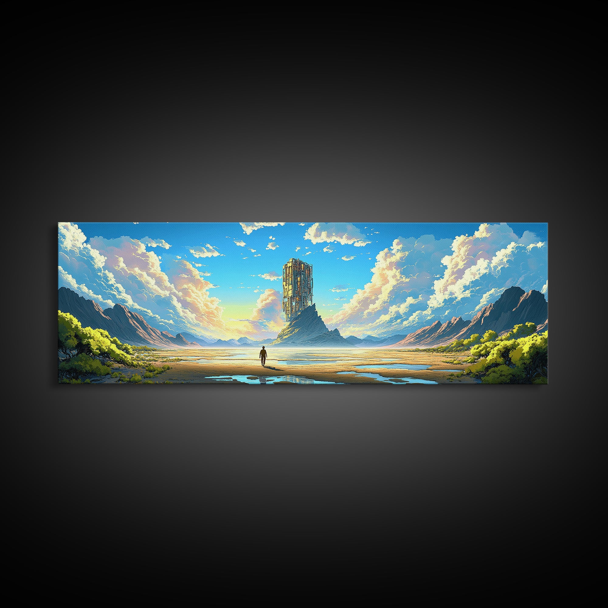 Mountain Valley Monolith Canvas Print, Bright Sci Fi Landscape, Panoramic Wall Art, Modern Nature Decor For Living Room Art