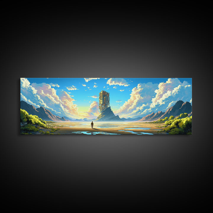 Mountain Valley Monolith Canvas Print, Bright Sci Fi Landscape, Panoramic Wall Art, Modern Nature Decor For Living Room Art