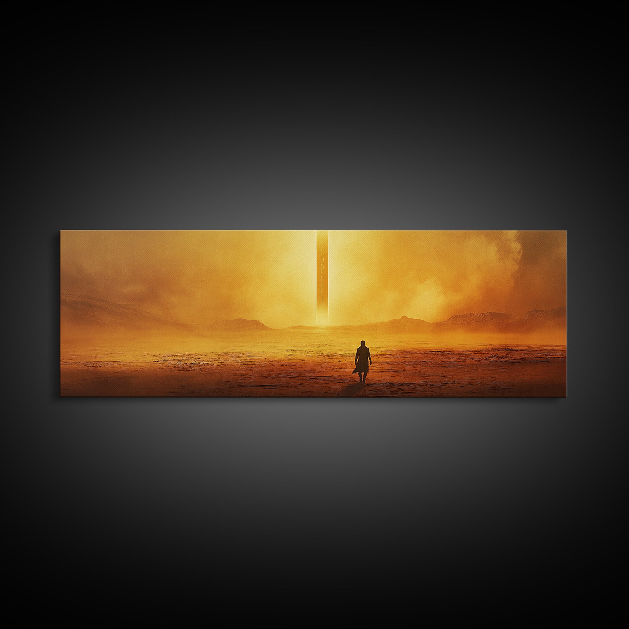 Golden Desert Monolith Wall Art, Cinematic Sci Fi Landscape, Minimalist Canvas Print, Warm Earth Tone Living Room Decor Art